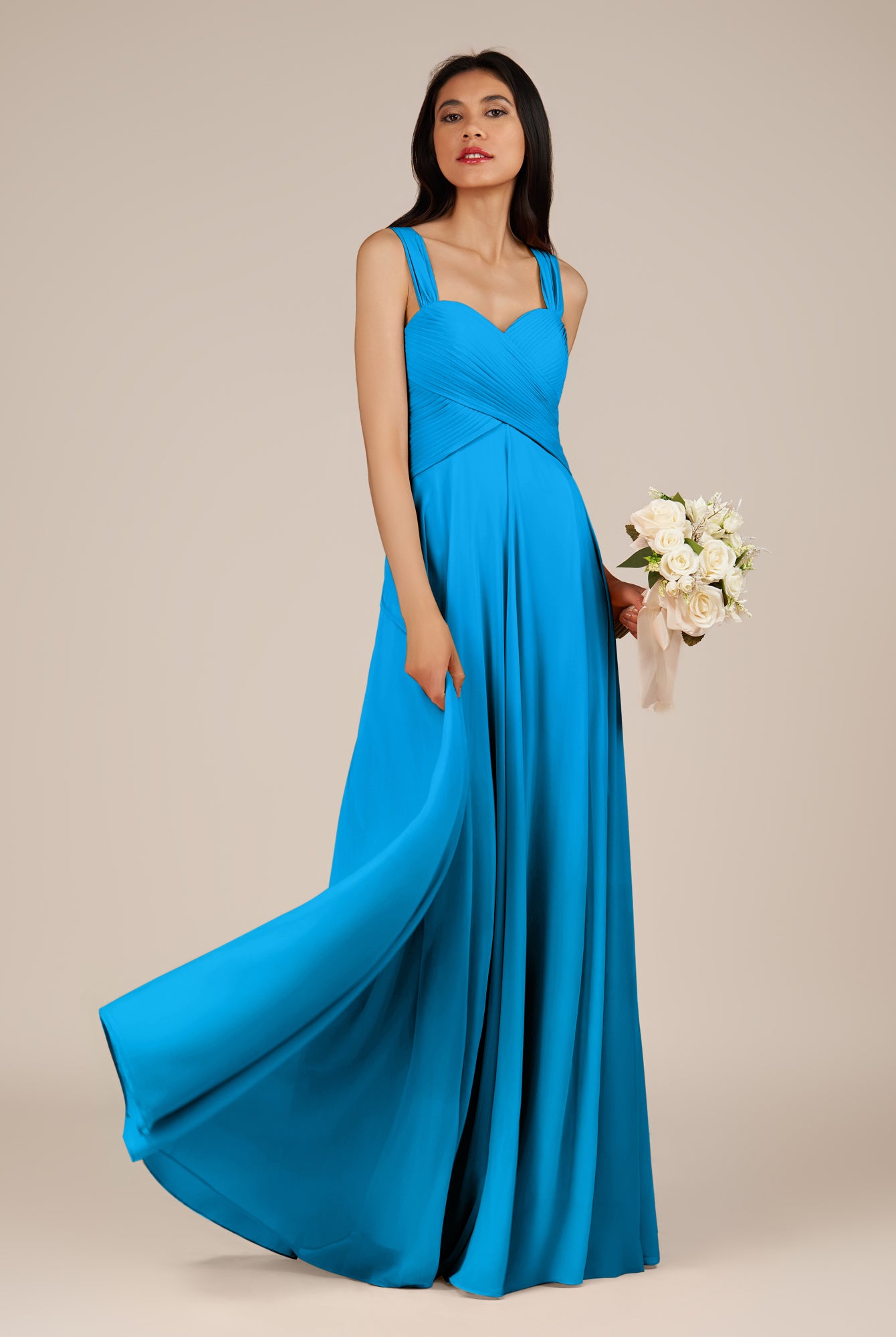 KissDress-Cerelia Blue Jay A Line V Neck Chiffon Long Bridesmaid Dress with Pleats