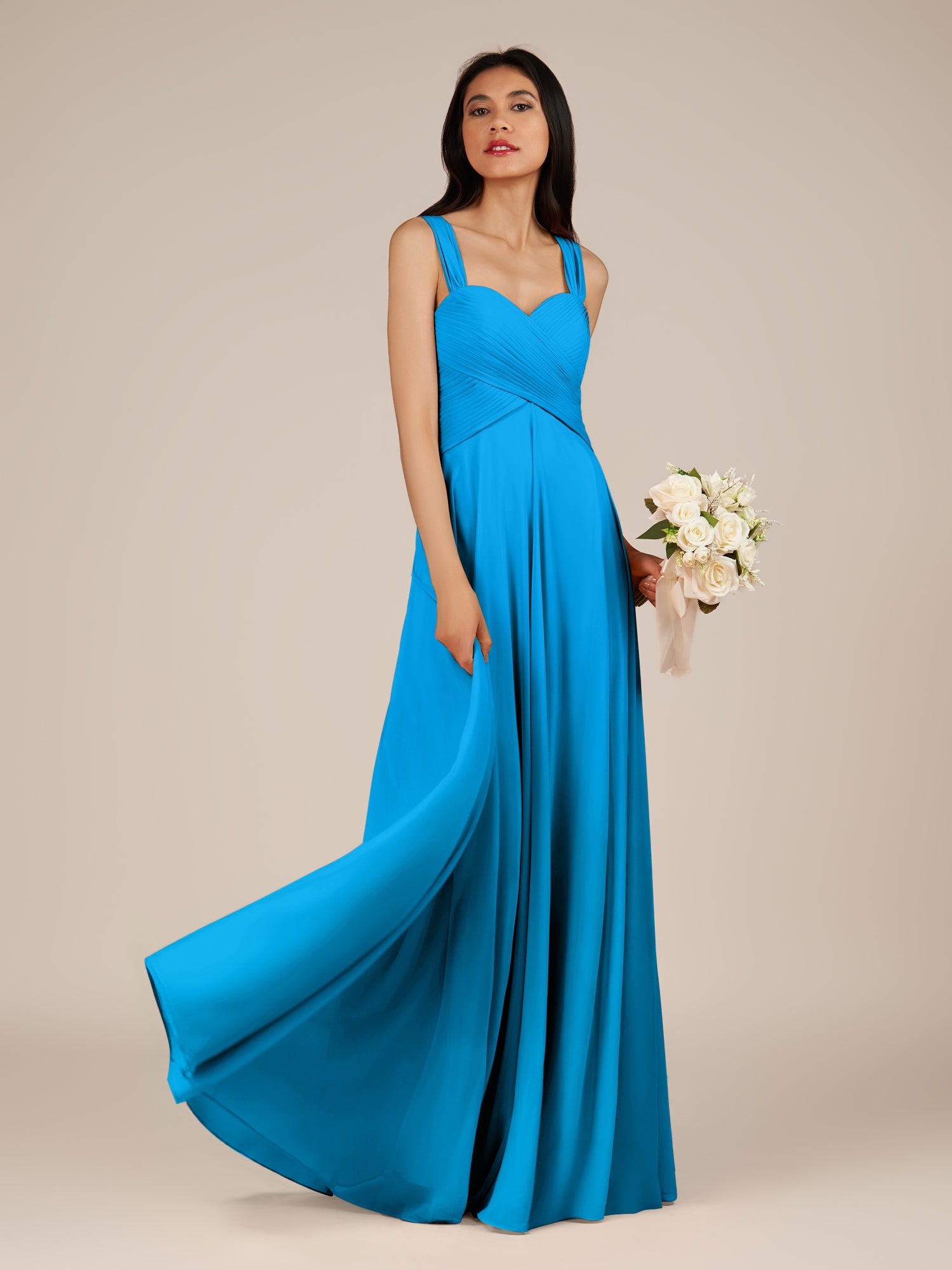 KissDress-Cerelia Blue Jay A Line V Neck Chiffon Long Bridesmaid Dress with Pleats