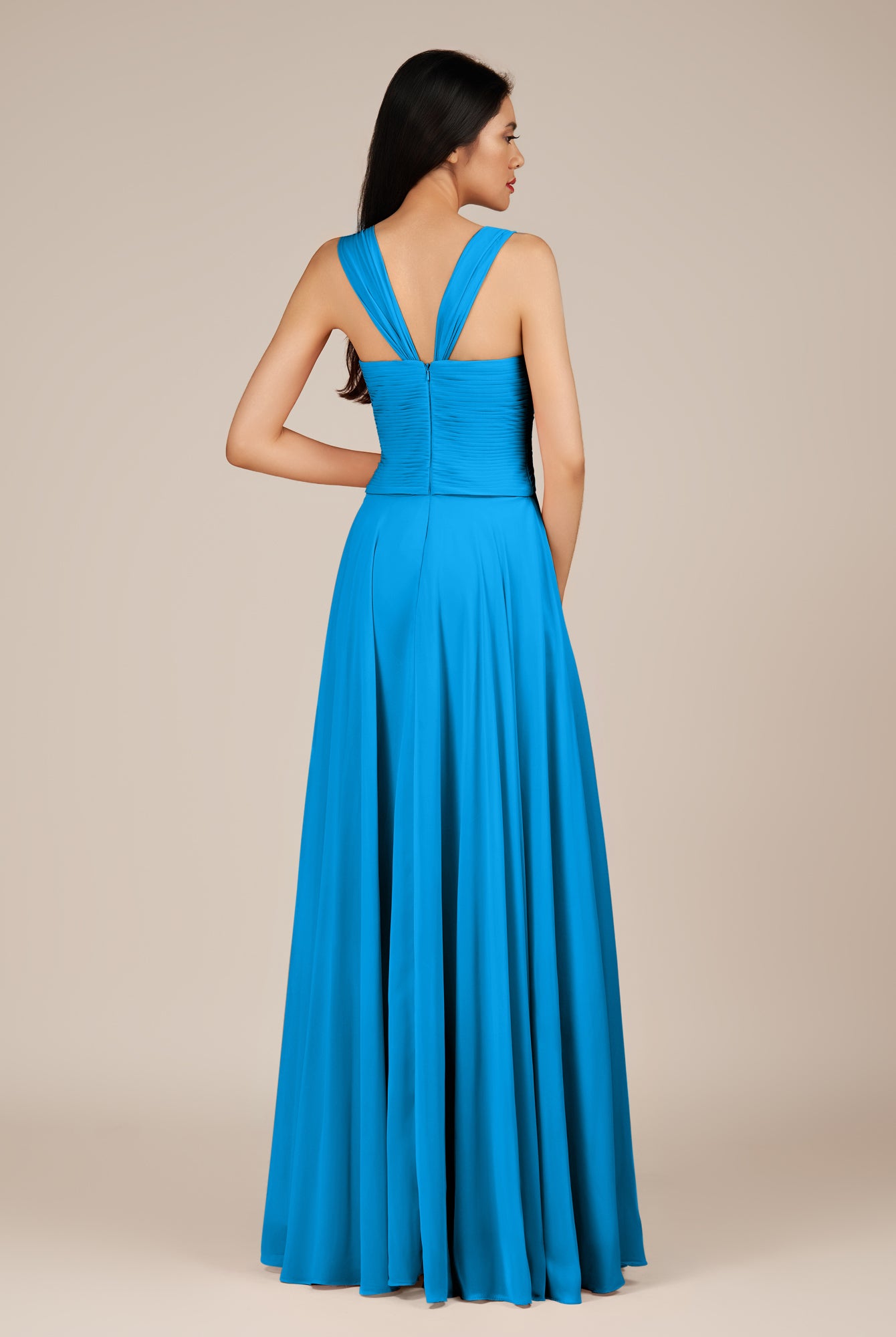 KissDress-Cerelia Blue Jay A Line V Neck Chiffon Long Bridesmaid Dress with Pleats