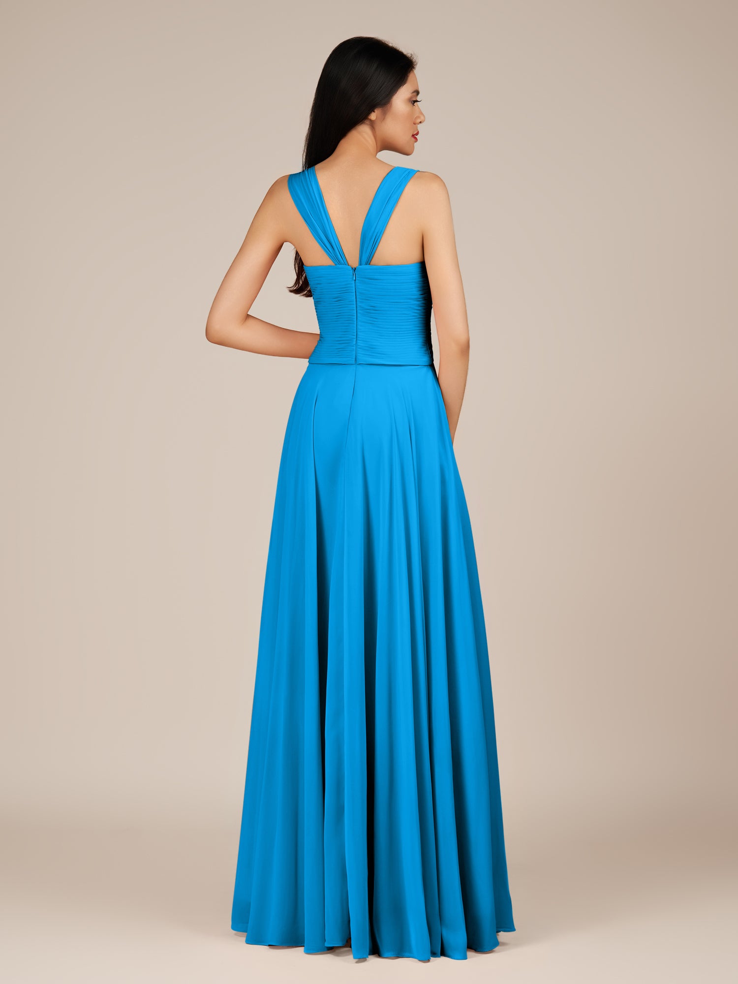KissDress-Cerelia Blue Jay A Line V Neck Chiffon Long Bridesmaid Dress with Pleats