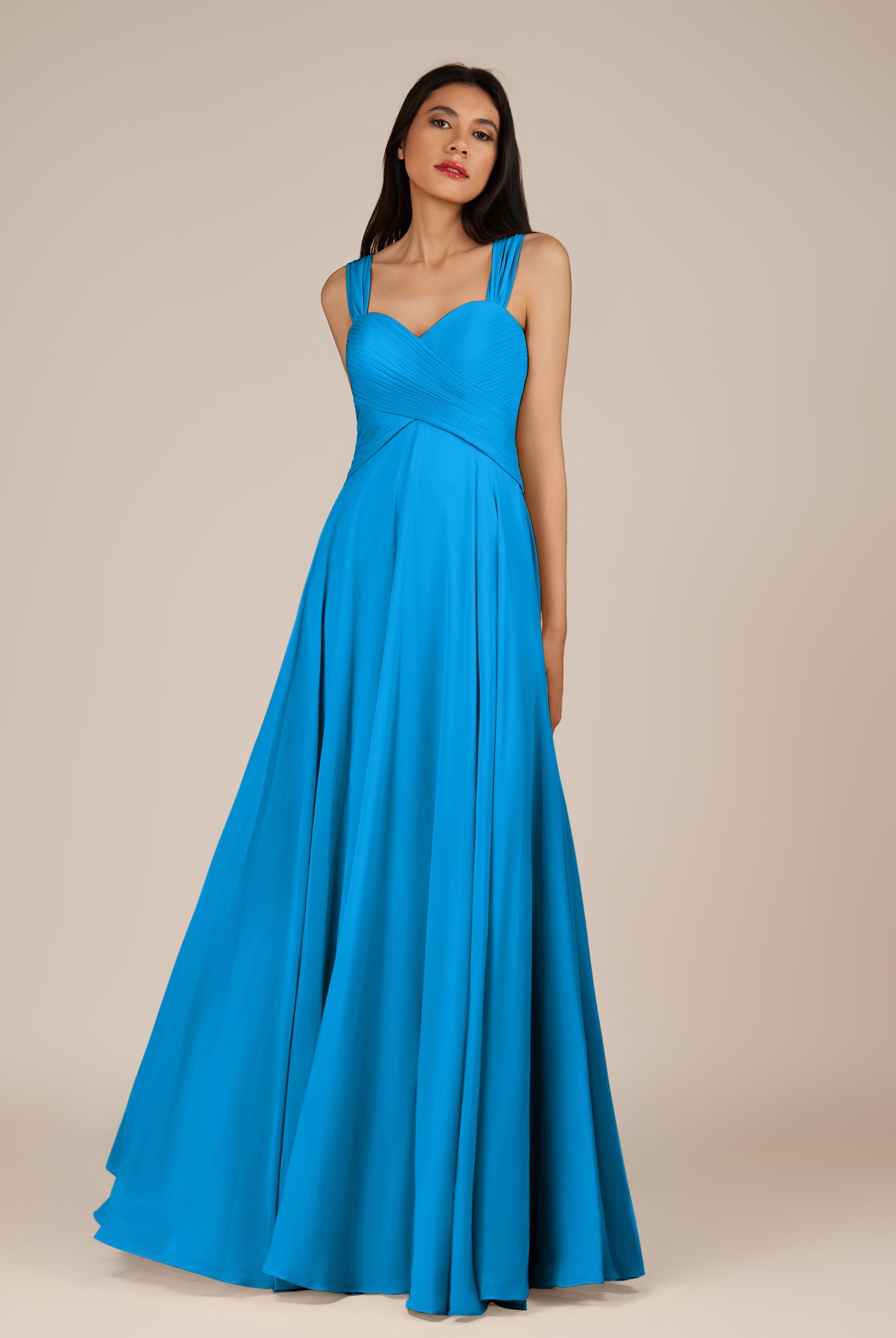 KissDress-Cerelia Blue Jay A Line V Neck Chiffon Long Bridesmaid Dress with Pleats