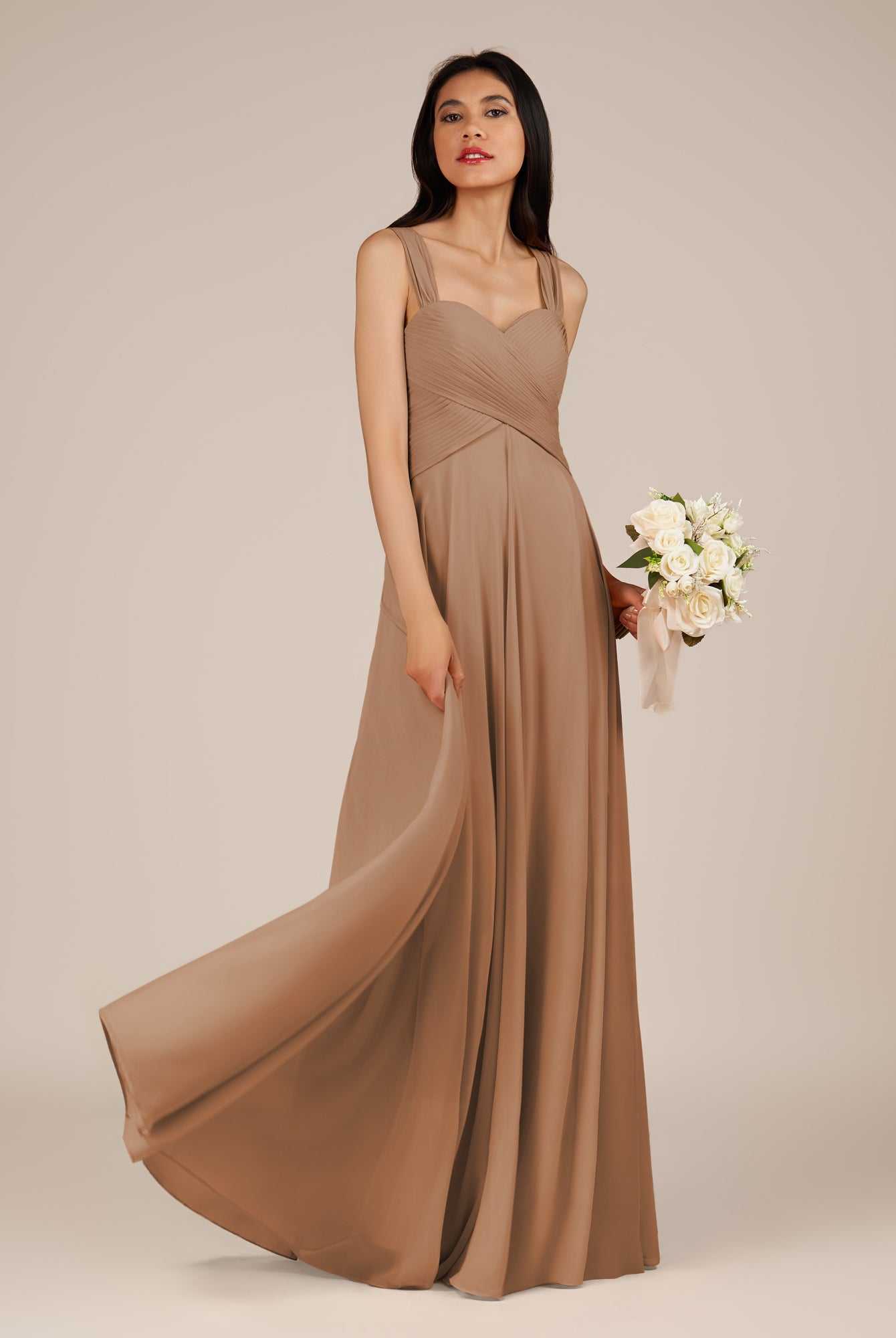 KissDress-Cerelia Bronzer A Line V Neck Chiffon Long Bridesmaid Dress with Pleats
