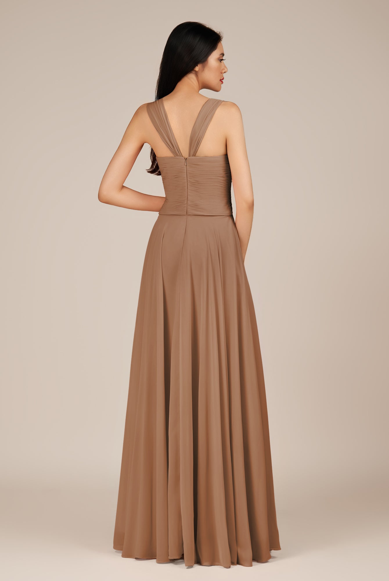 KissDress-Cerelia Bronzer A Line V Neck Chiffon Long Bridesmaid Dress with Pleats
