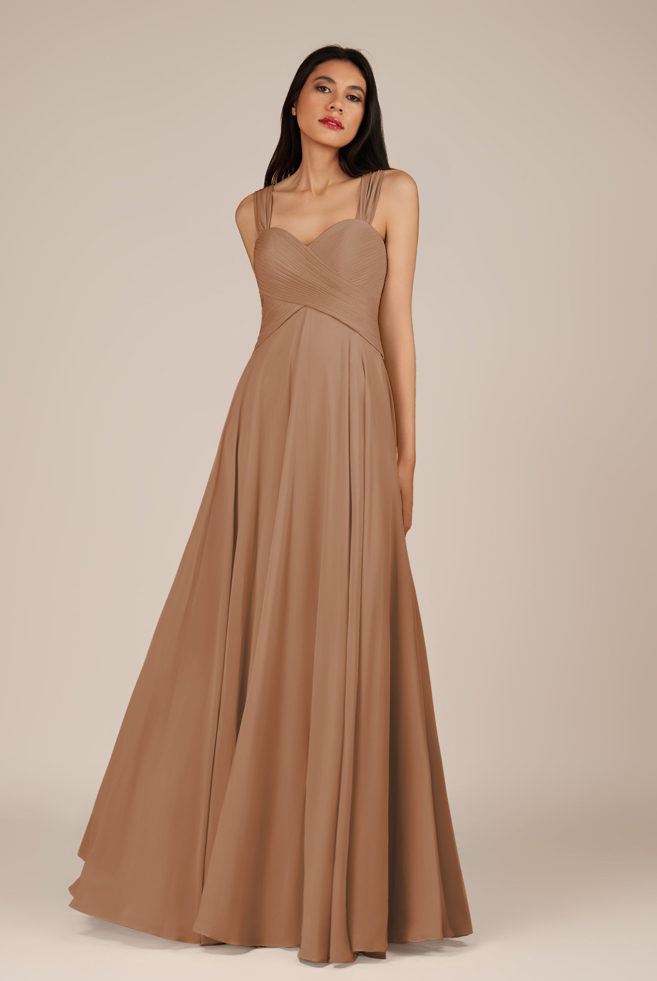 KissDress-Cerelia Bronzer A Line V Neck Chiffon Long Bridesmaid Dress with Pleats