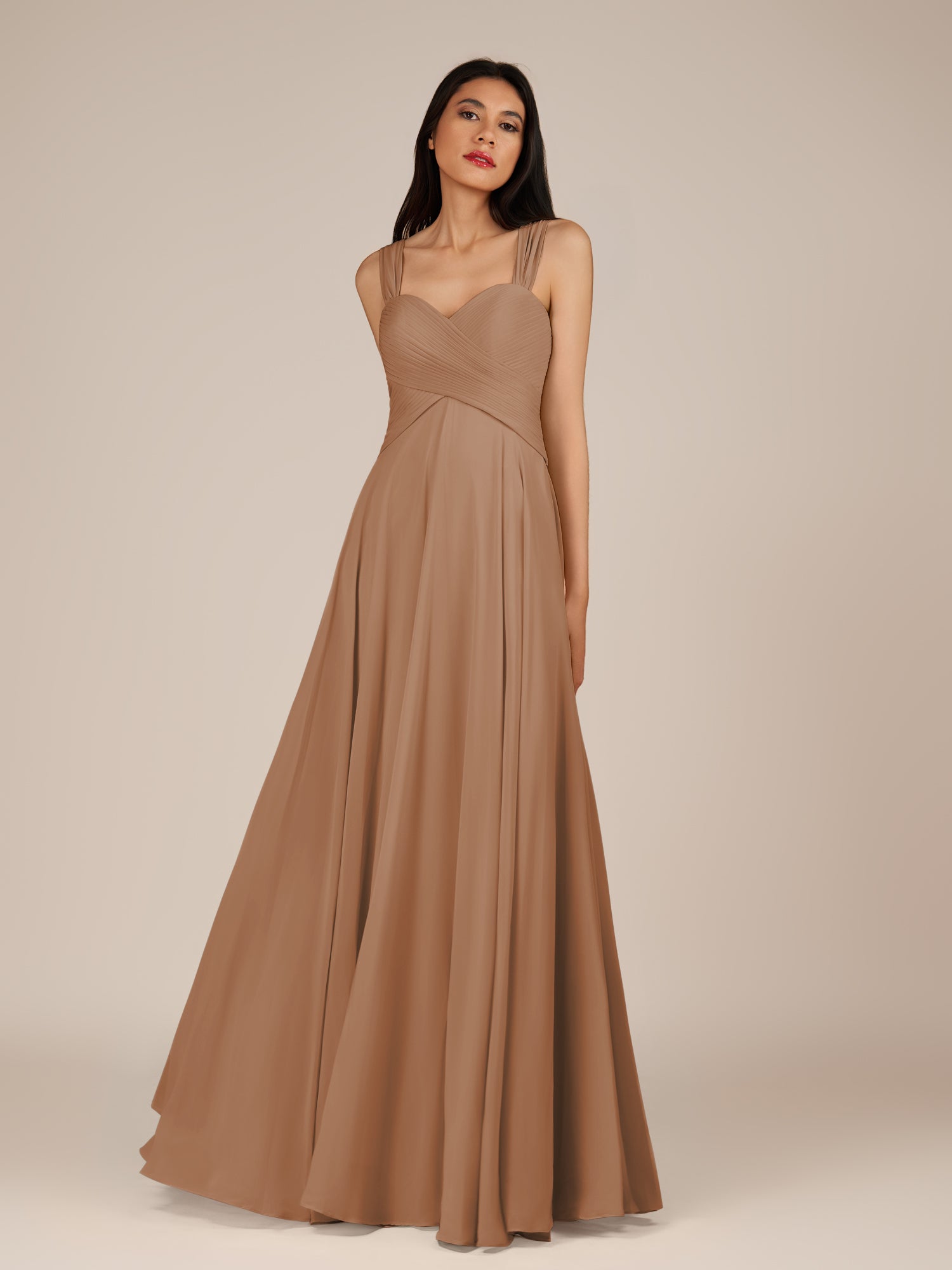KissDress-Cerelia Bronzer A Line V Neck Chiffon Long Bridesmaid Dress with Pleats