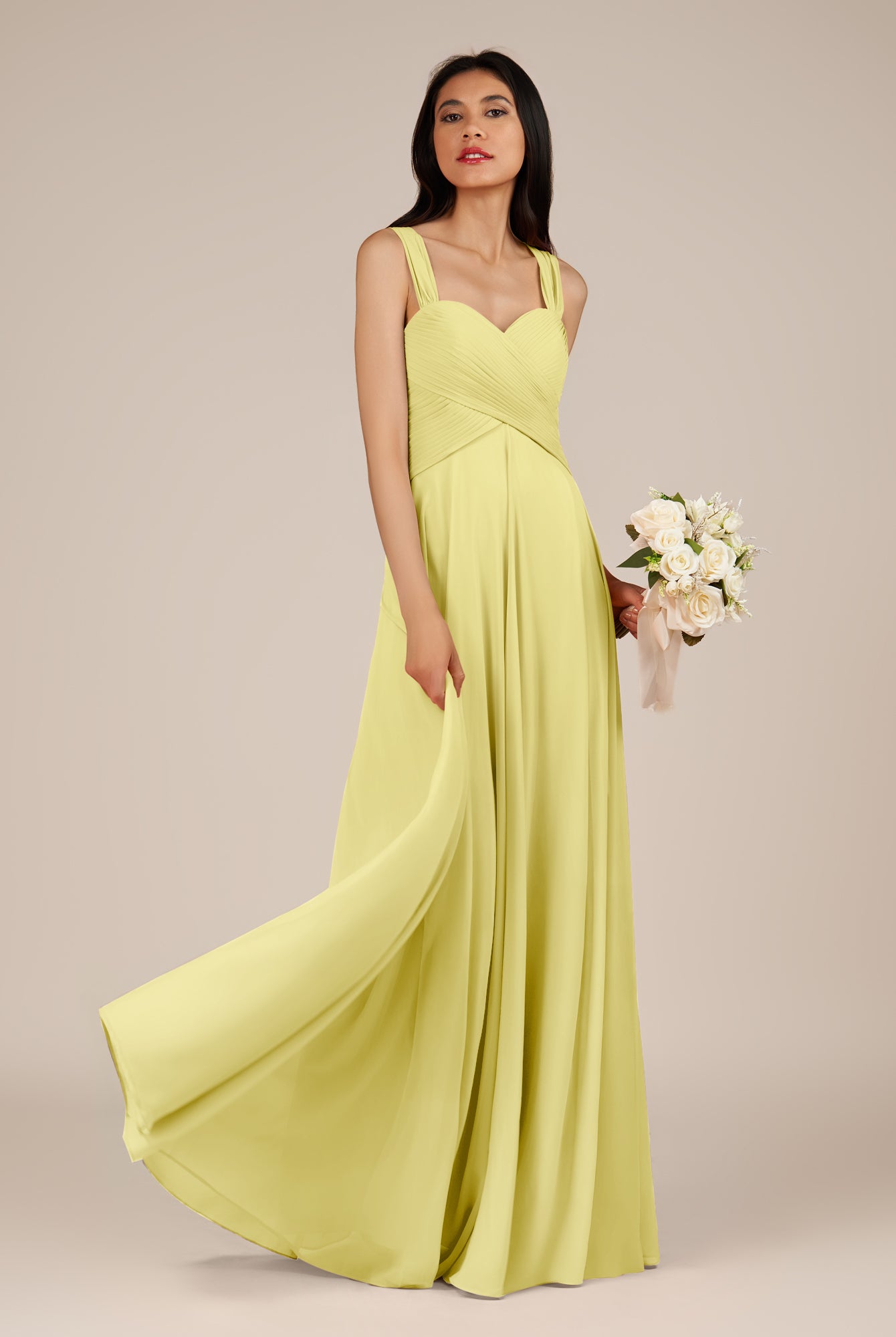 KissDress-Cerelia Buttercup A Line V Neck Chiffon Long Bridesmaid Dress with Pleats