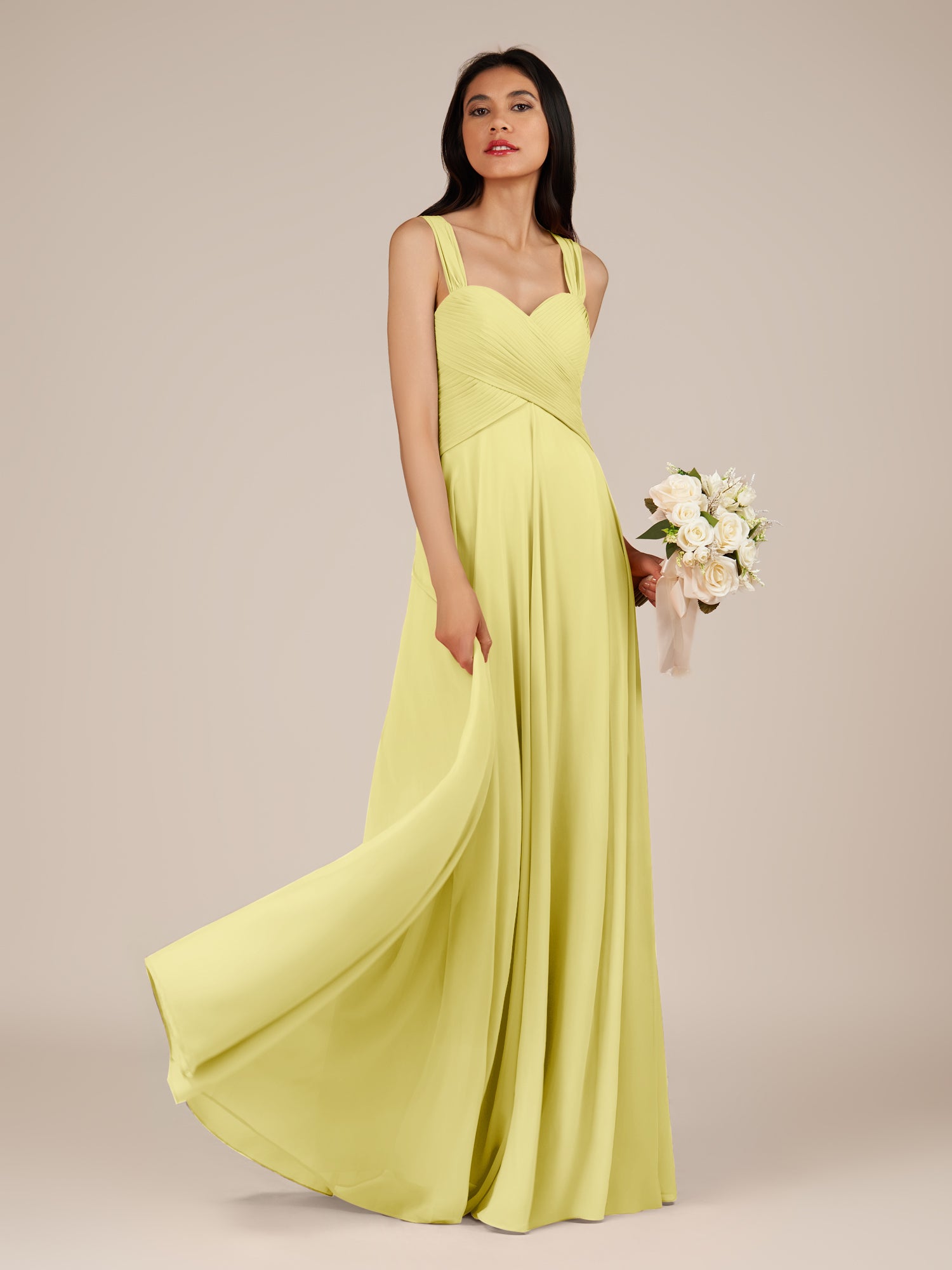 KissDress-Cerelia Buttercup A Line V Neck Chiffon Long Bridesmaid Dress with Pleats