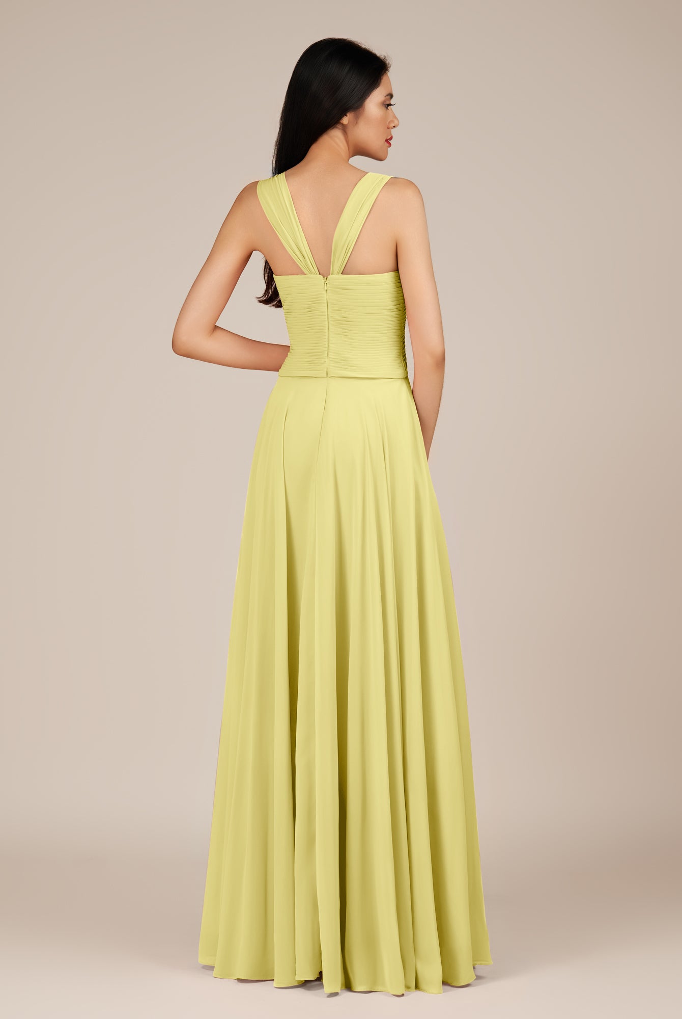 KissDress-Cerelia Buttercup A Line V Neck Chiffon Long Bridesmaid Dress with Pleats