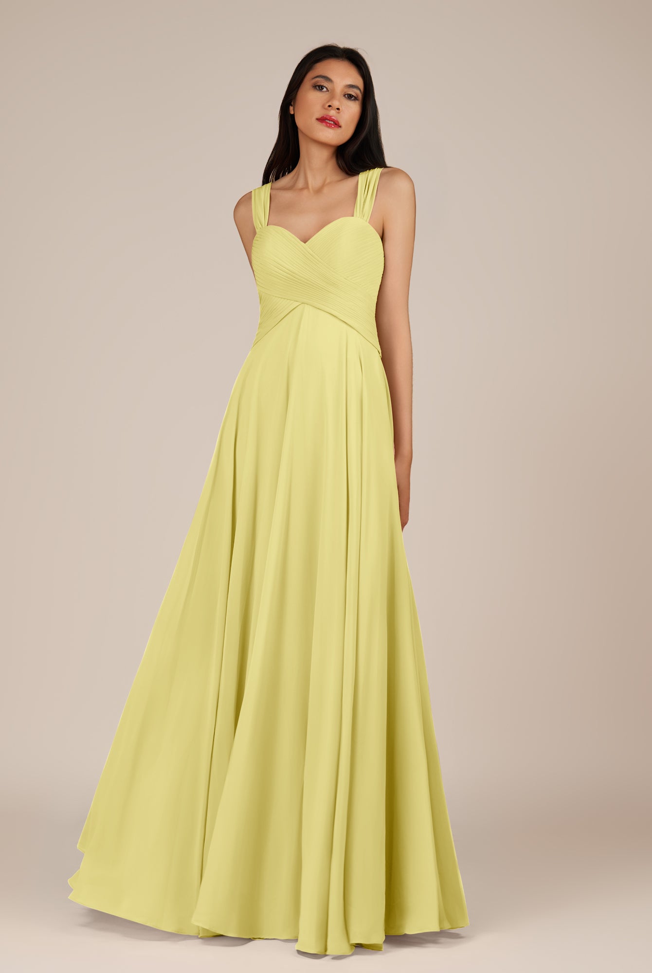 KissDress-Cerelia Buttercup A Line V Neck Chiffon Long Bridesmaid Dress with Pleats