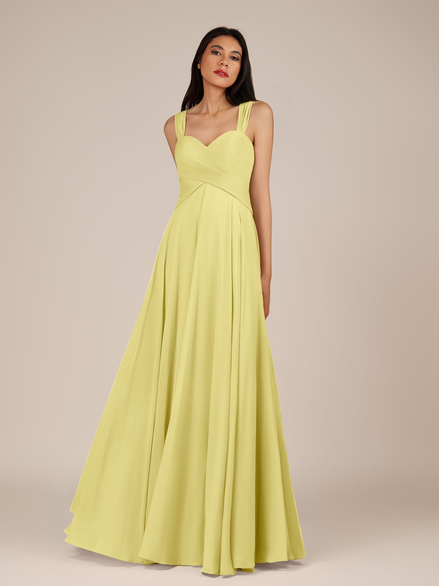 KissDress-Cerelia Buttercup A Line V Neck Chiffon Long Bridesmaid Dress with Pleats