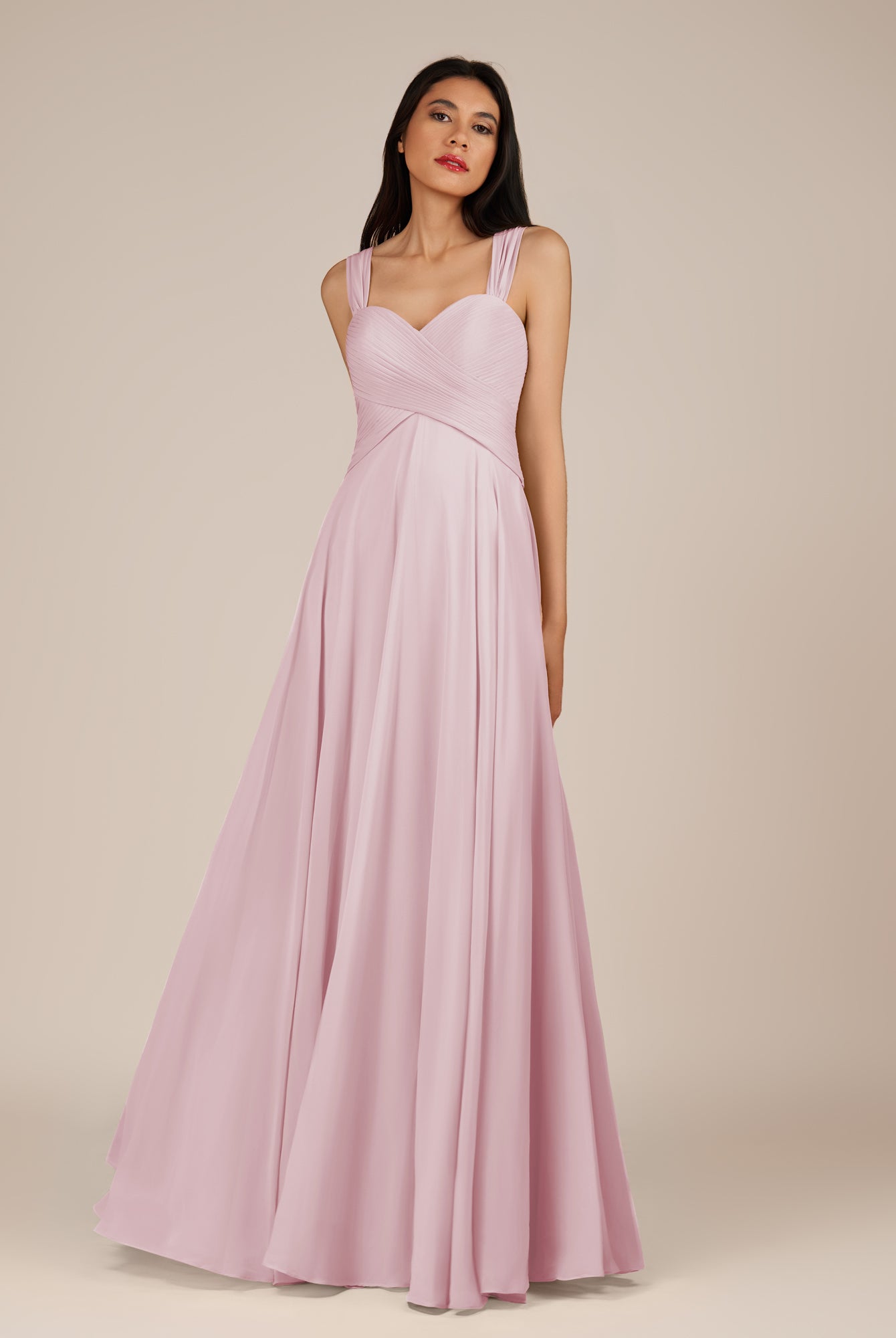 KissDress-Cerelia Candy Pink A Line V Neck Chiffon Long Bridesmaid Dress with Pleats
