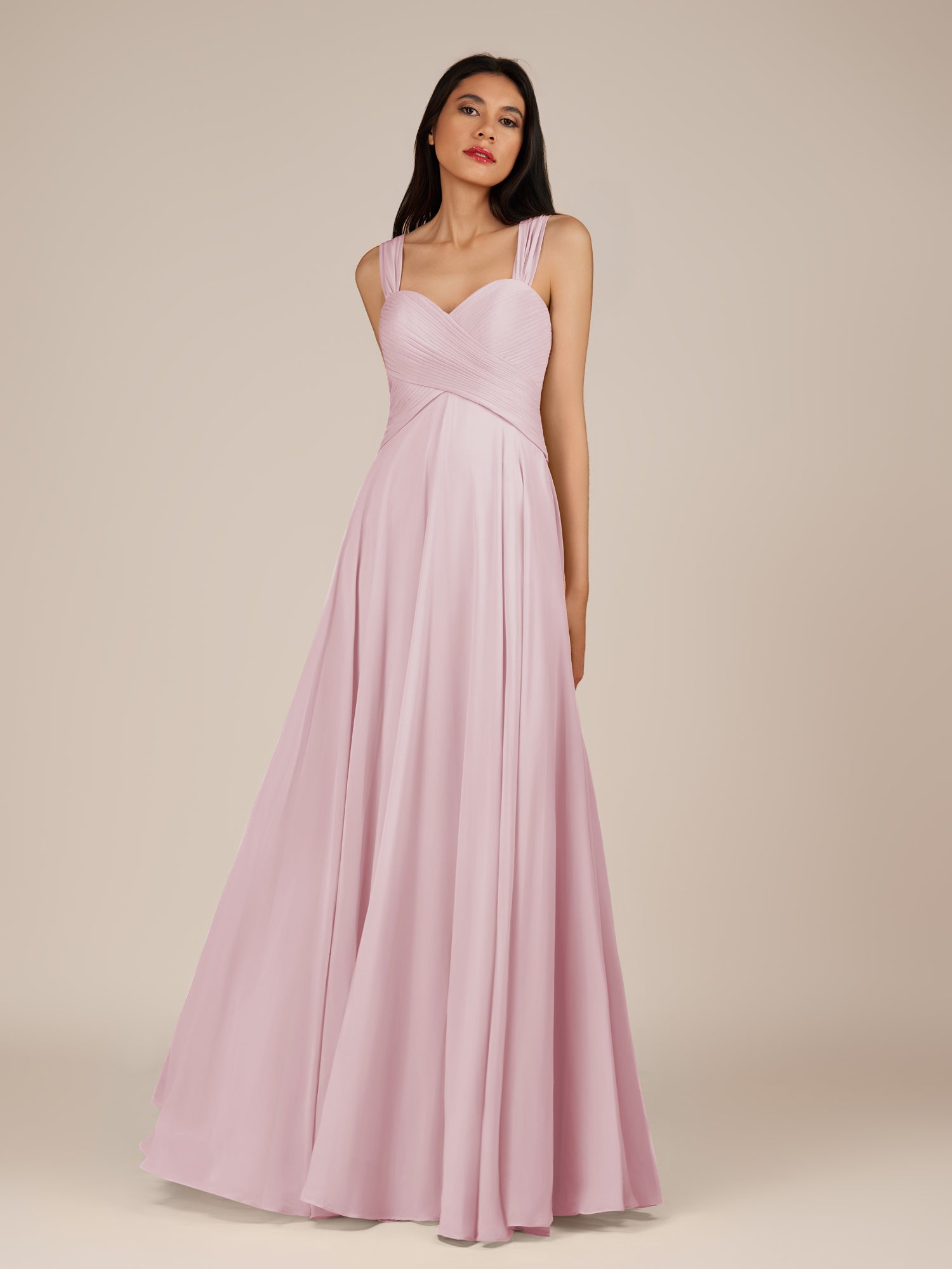 KissDress-Cerelia Candy Pink A Line V Neck Chiffon Long Bridesmaid Dress with Pleats