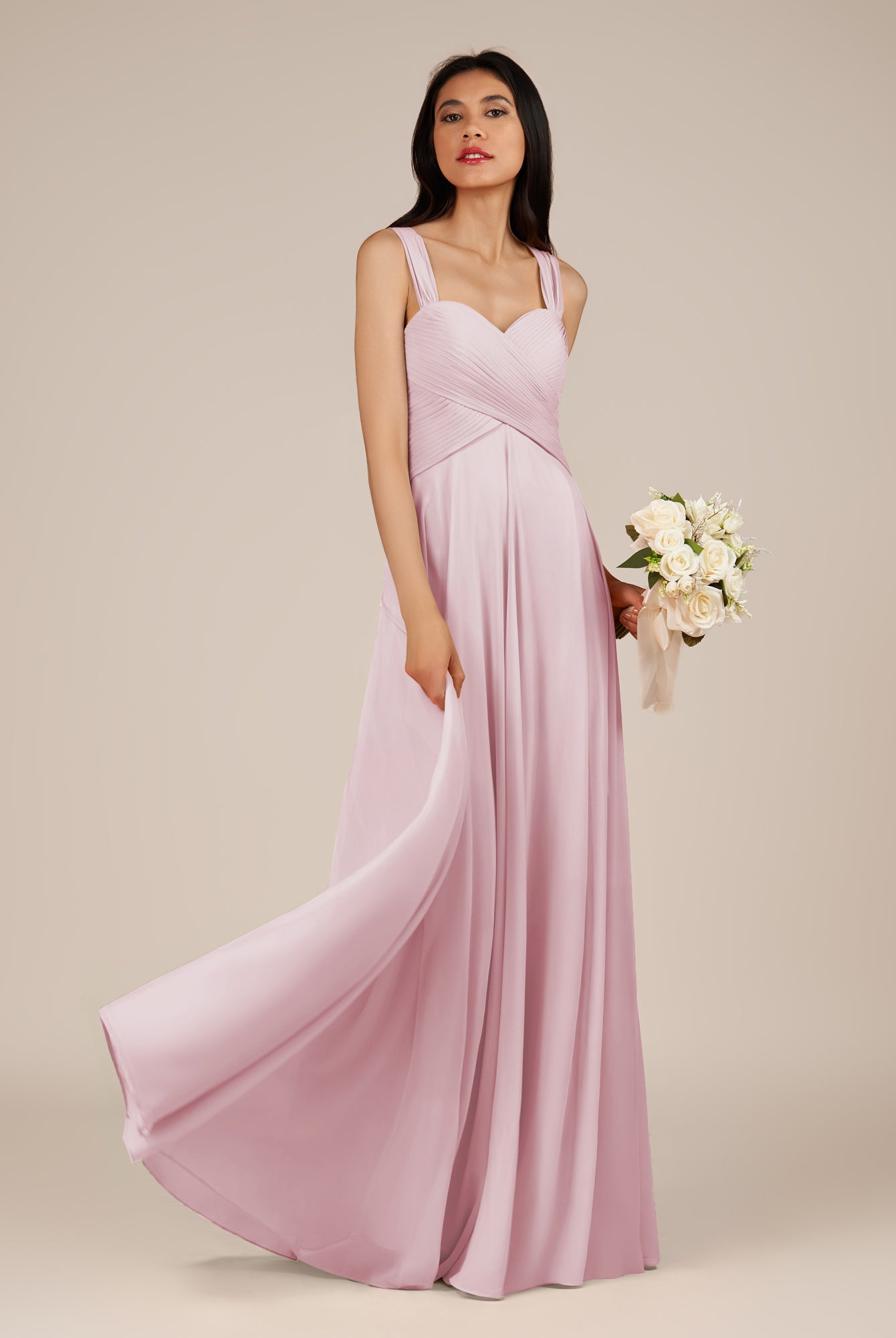 KissDress-Cerelia Candy Pink A Line V Neck Chiffon Long Bridesmaid Dress with Pleats