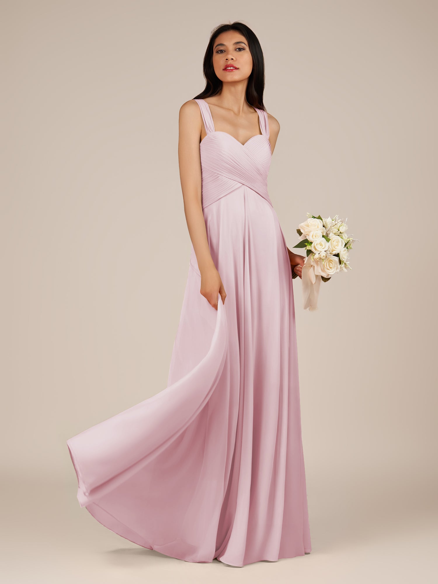 KissDress-Cerelia Candy Pink A Line V Neck Chiffon Long Bridesmaid Dress with Pleats