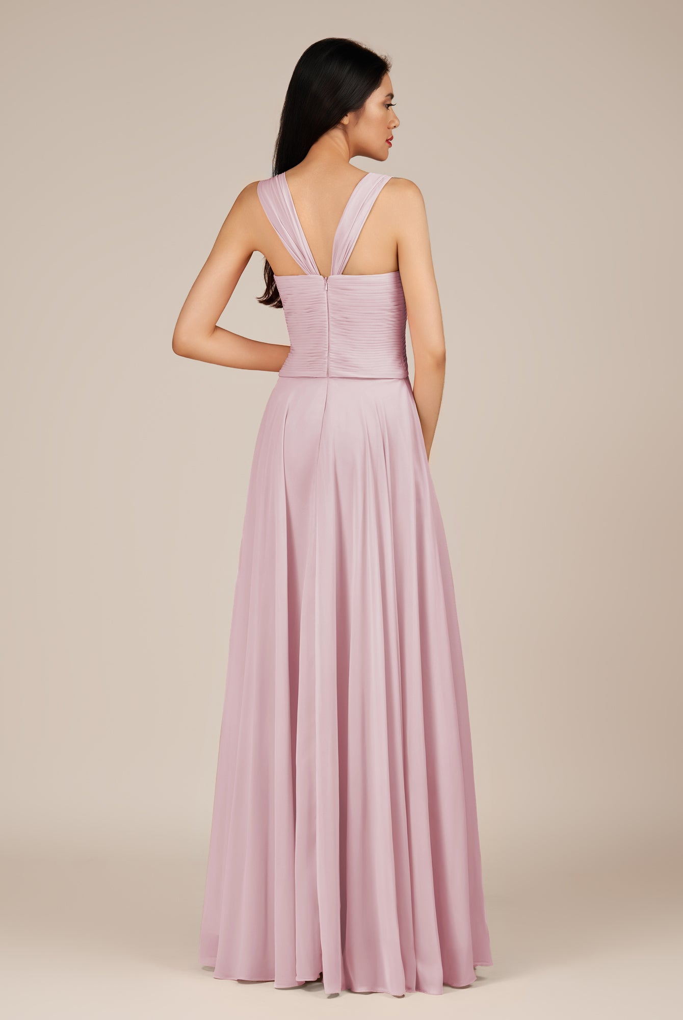 KissDress-Cerelia Candy Pink A Line V Neck Chiffon Long Bridesmaid Dress with Pleats