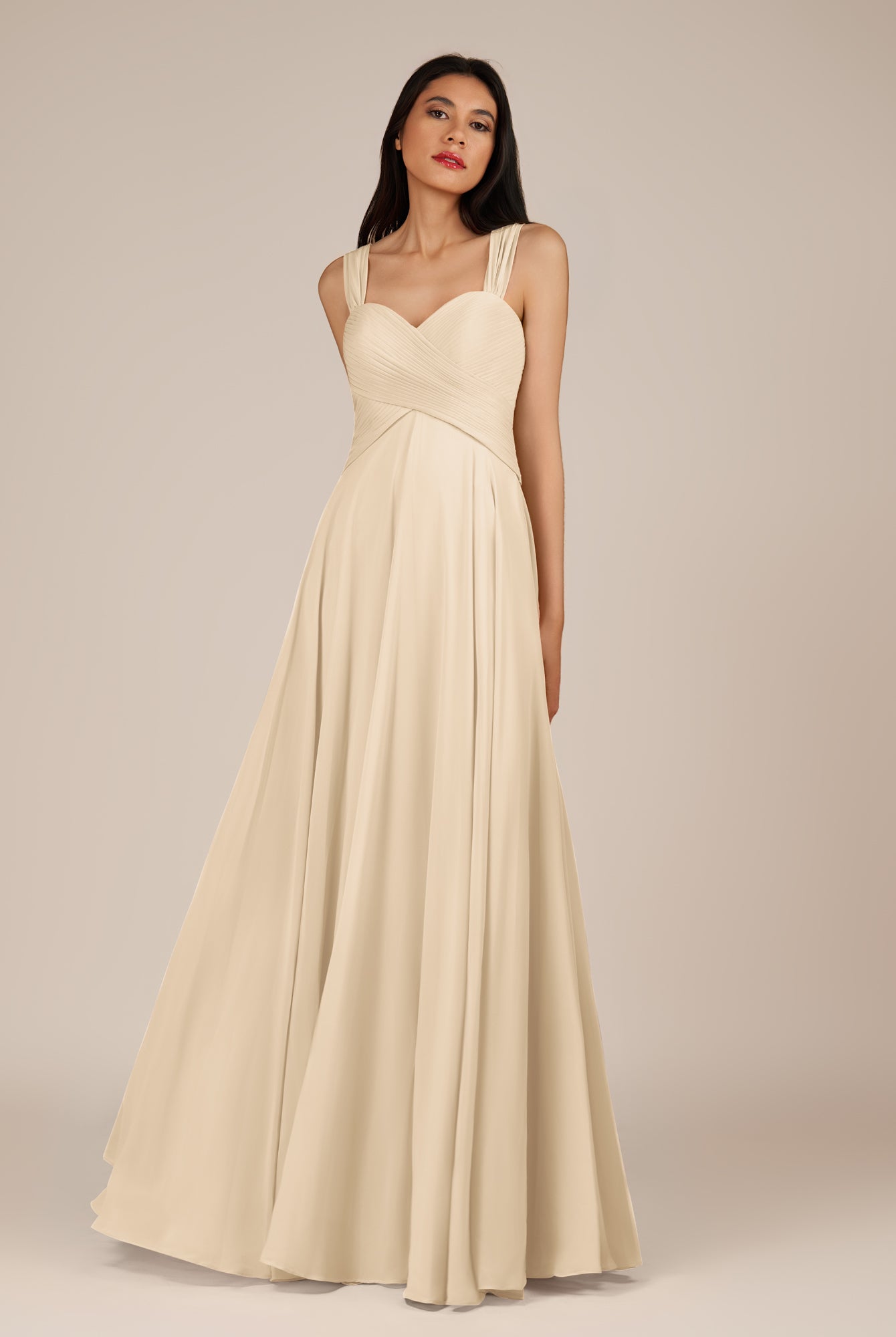 KissDress-Cerelia Champagne A Line V Neck Chiffon Long Bridesmaid Dress with Pleats