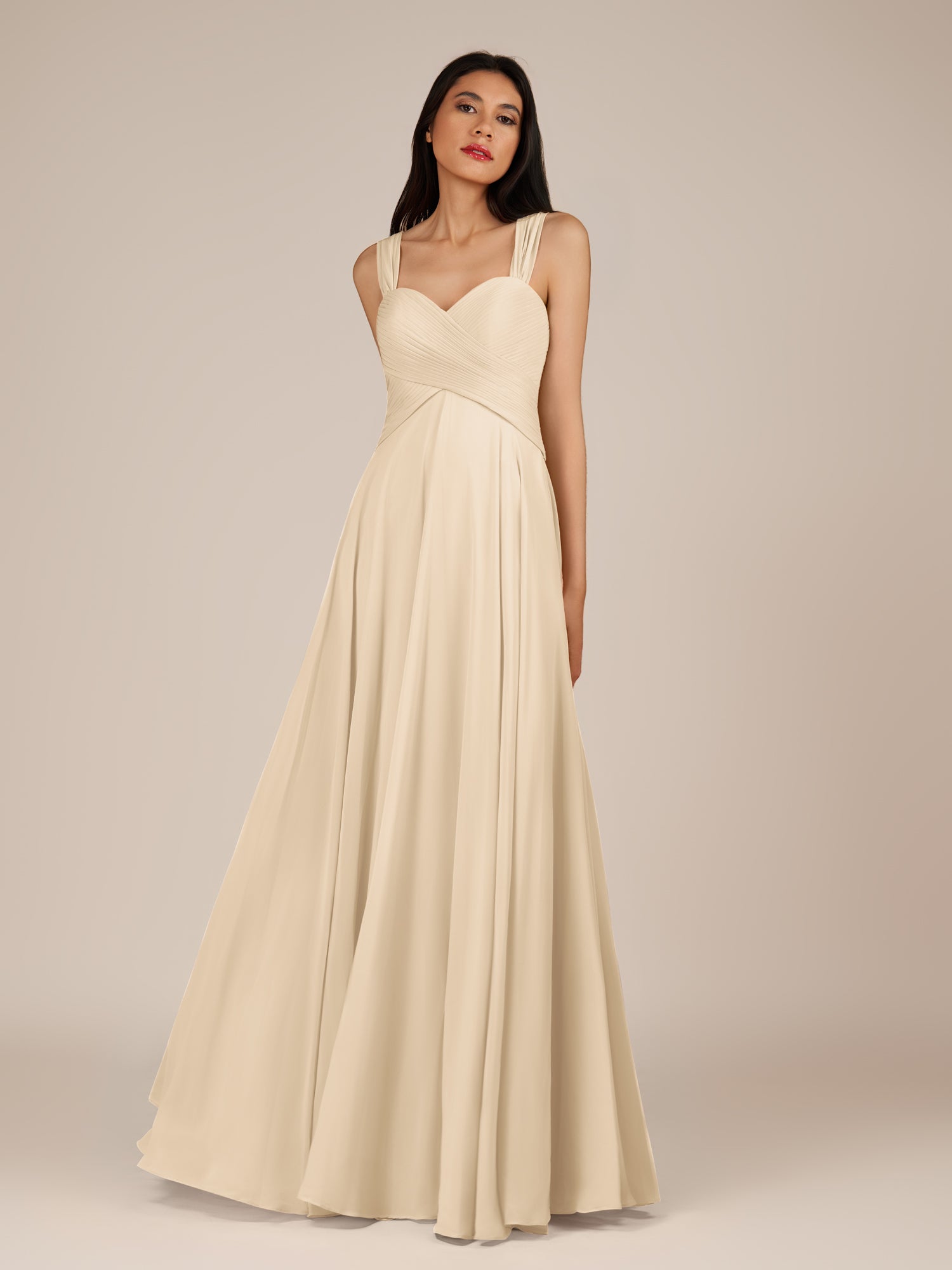 KissDress-Cerelia Champagne A Line V Neck Chiffon Long Bridesmaid Dress with Pleats
