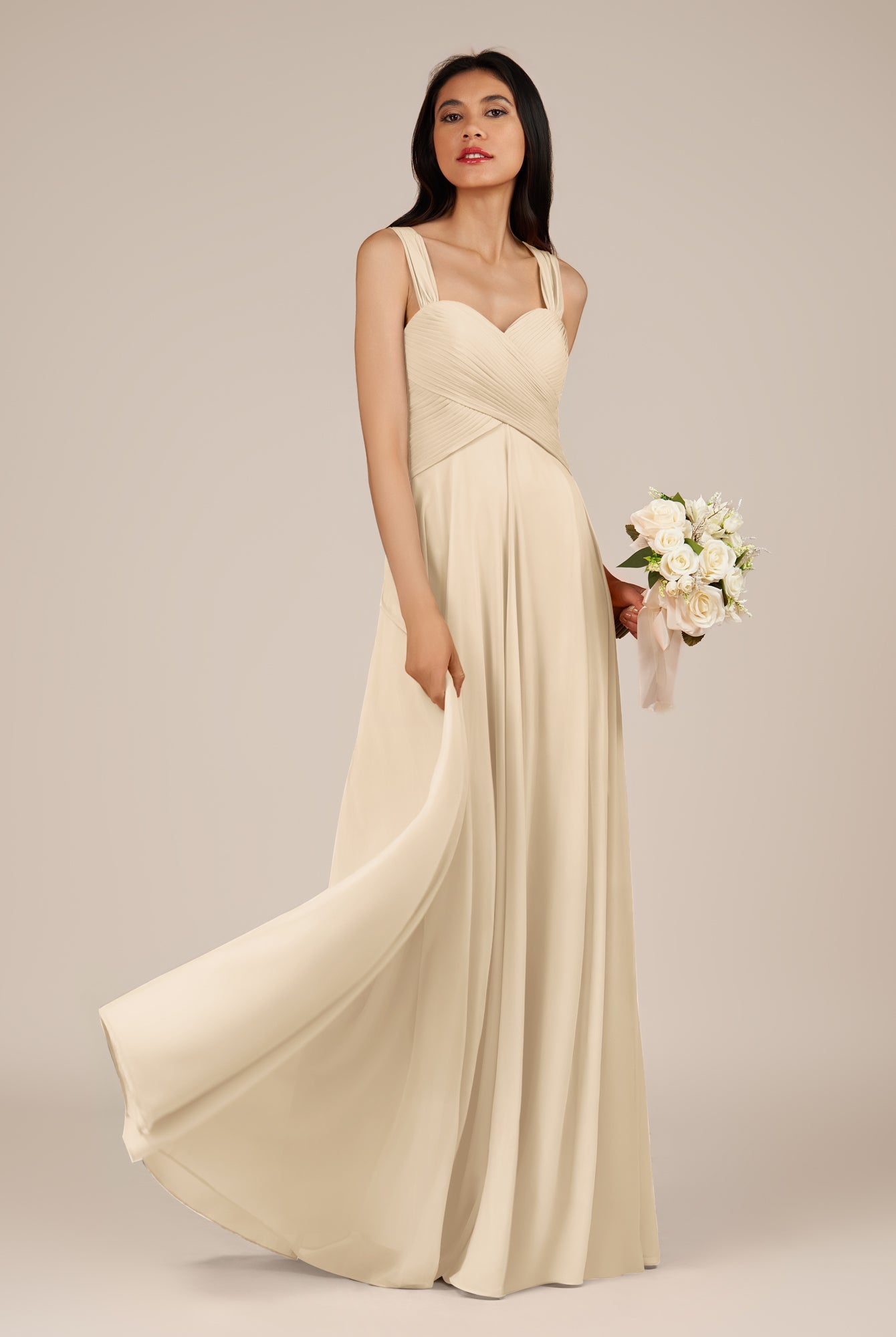KissDress-Cerelia Champagne A Line V Neck Chiffon Long Bridesmaid Dress with Pleats