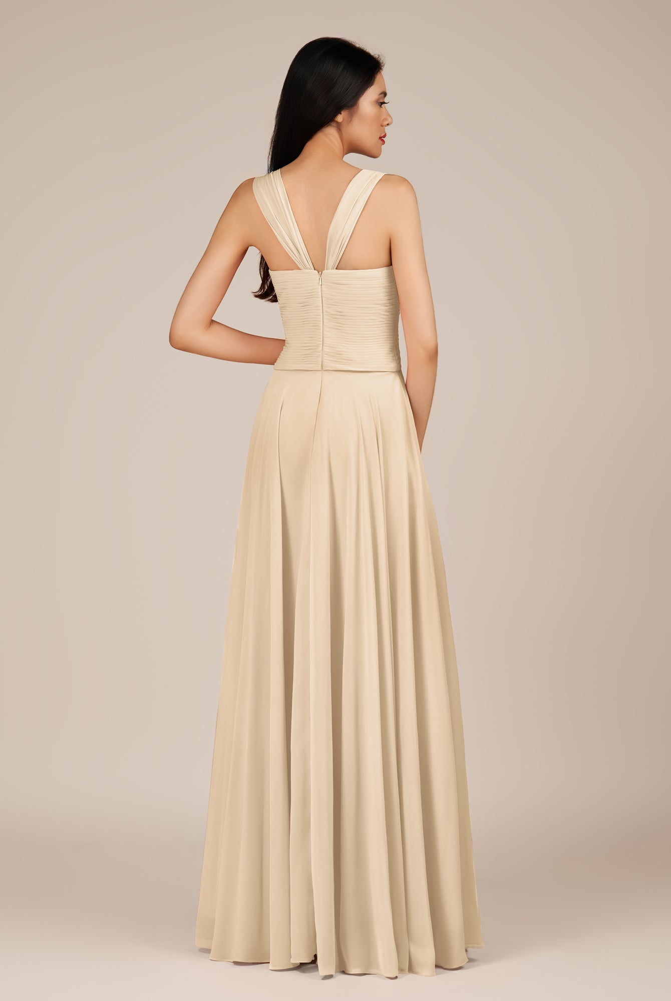 KissDress-Cerelia Champagne A Line V Neck Chiffon Long Bridesmaid Dress with Pleats