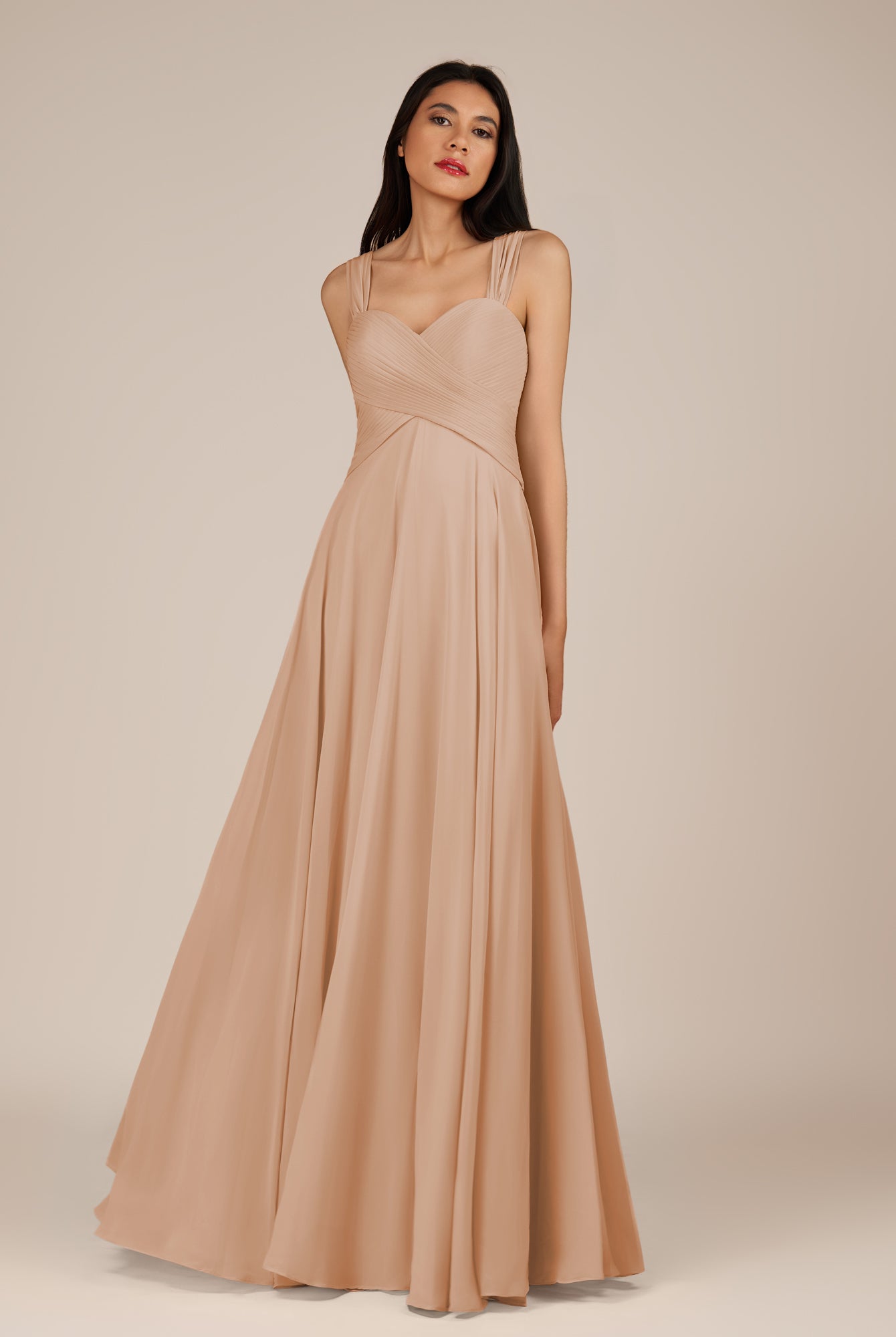 KissDress-Cerelia Champagne Rose A Line V Neck Chiffon Long Bridesmaid Dress with Pleats