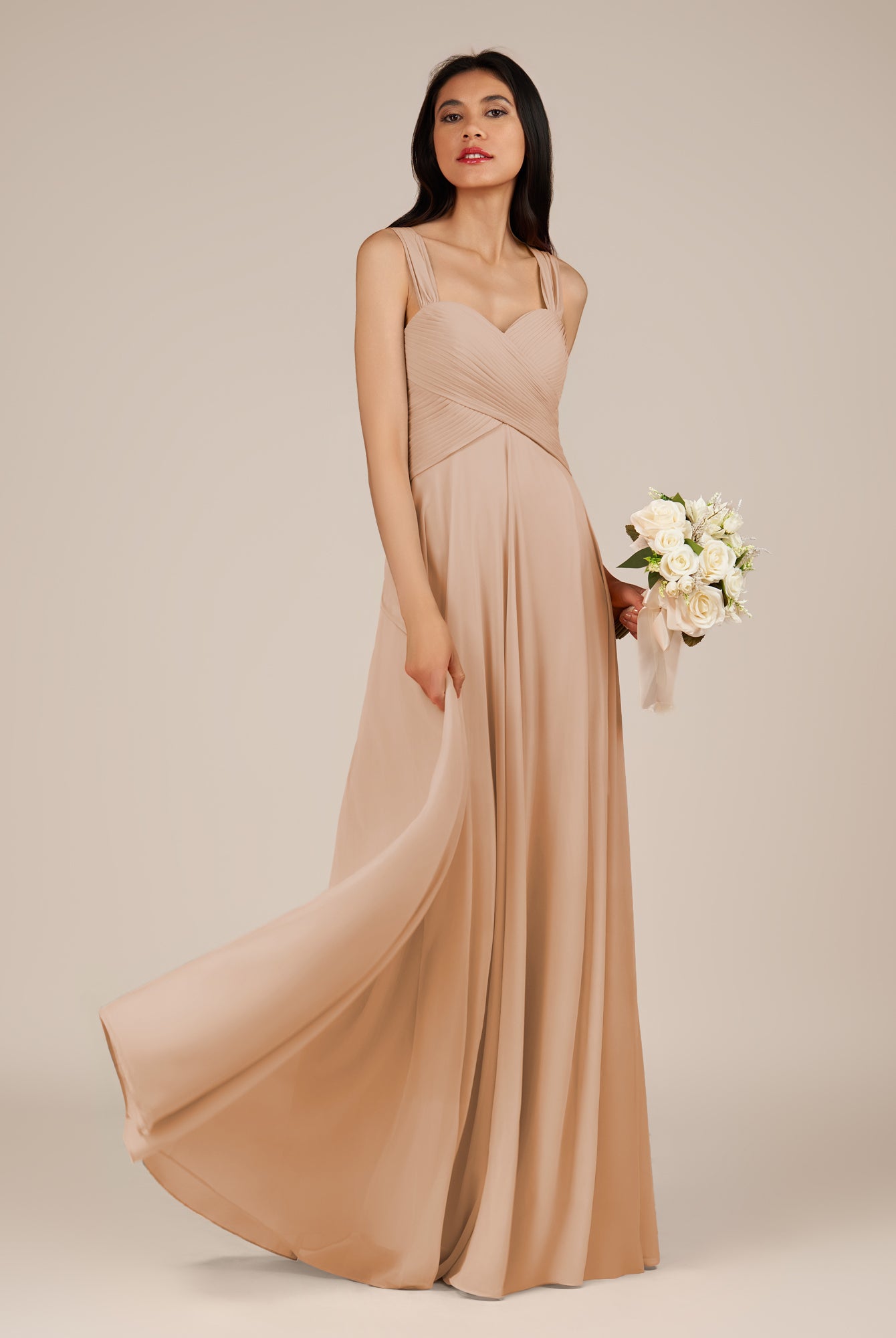 KissDress-Cerelia Champagne Rose A Line V Neck Chiffon Long Bridesmaid Dress with Pleats