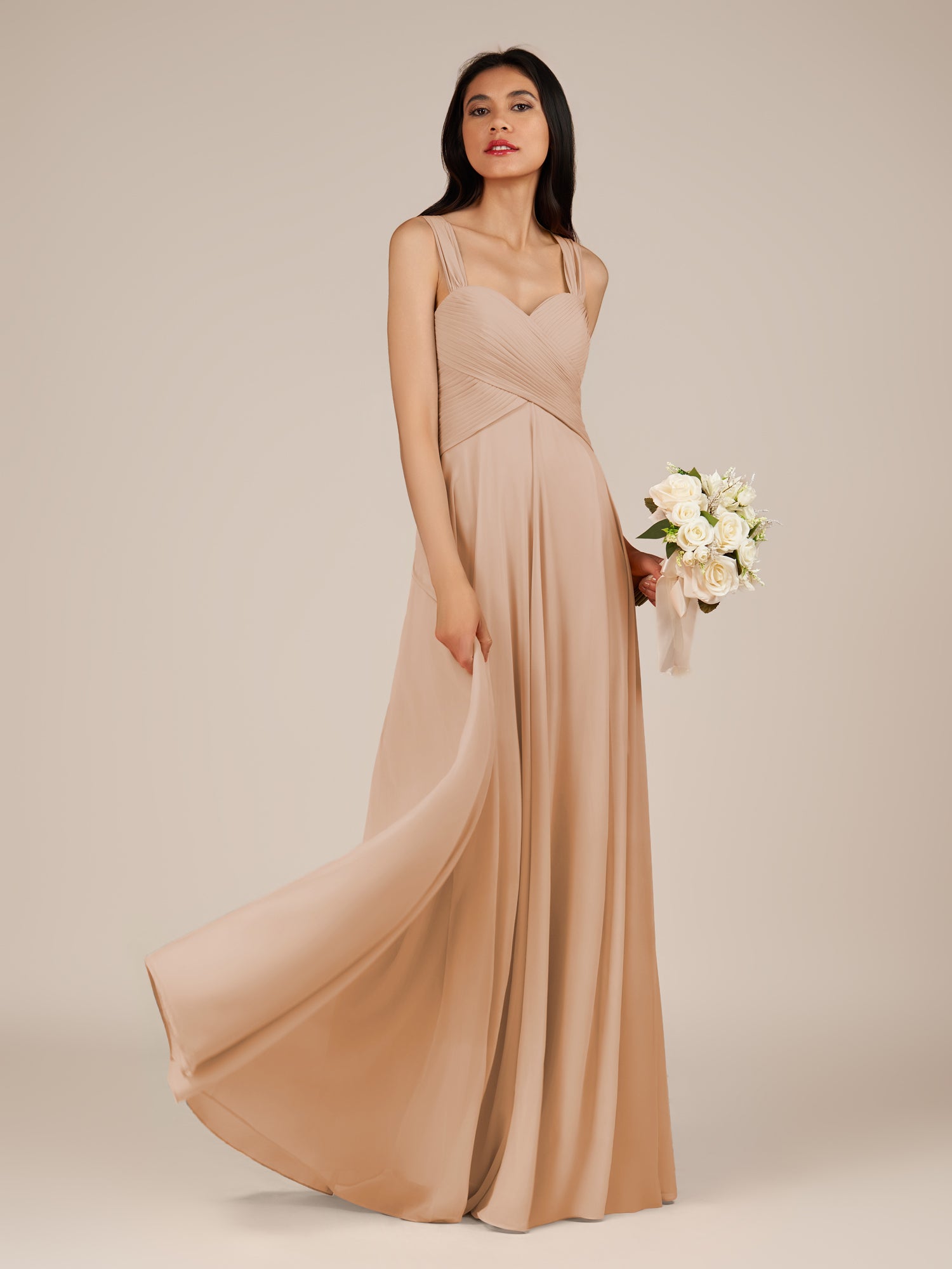KissDress-Cerelia Champagne Rose A Line V Neck Chiffon Long Bridesmaid Dress with Pleats