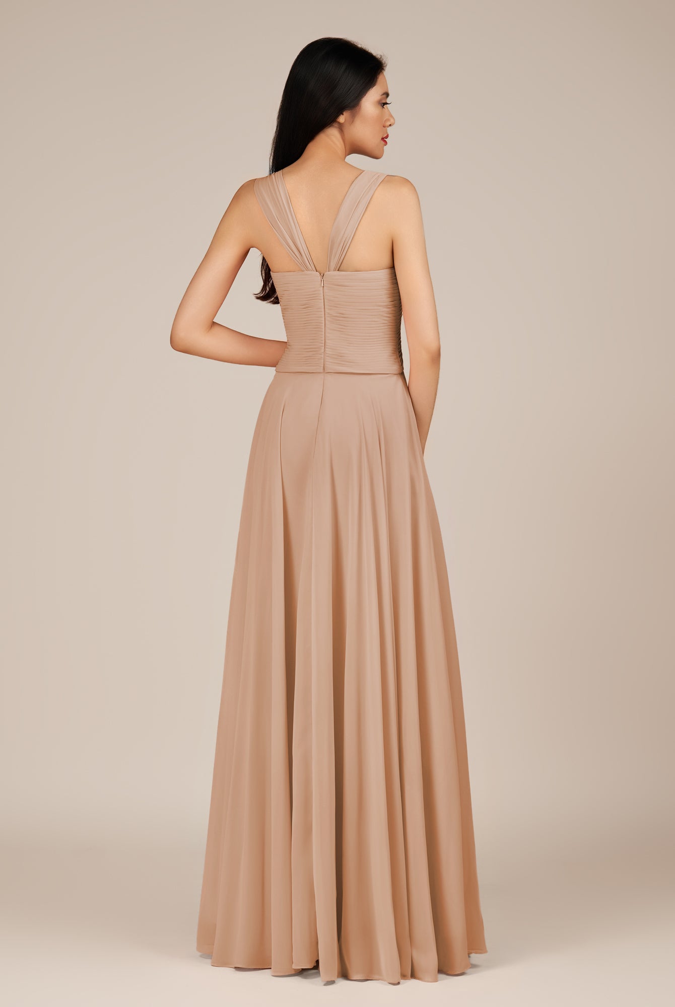 KissDress-Cerelia Champagne Rose A Line V Neck Chiffon Long Bridesmaid Dress with Pleats