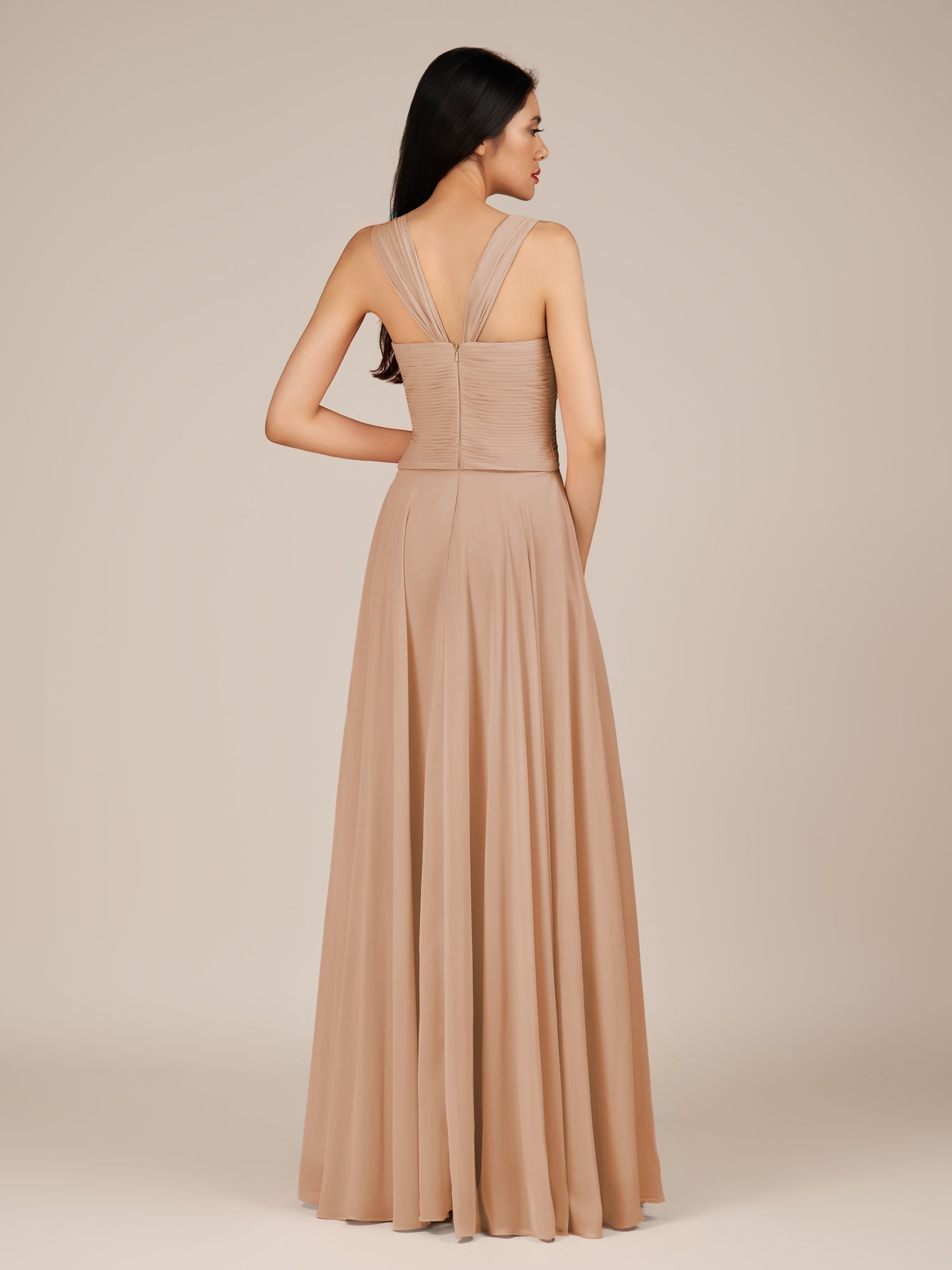 KissDress-Cerelia Champagne Rose A Line V Neck Chiffon Long Bridesmaid Dress with Pleats