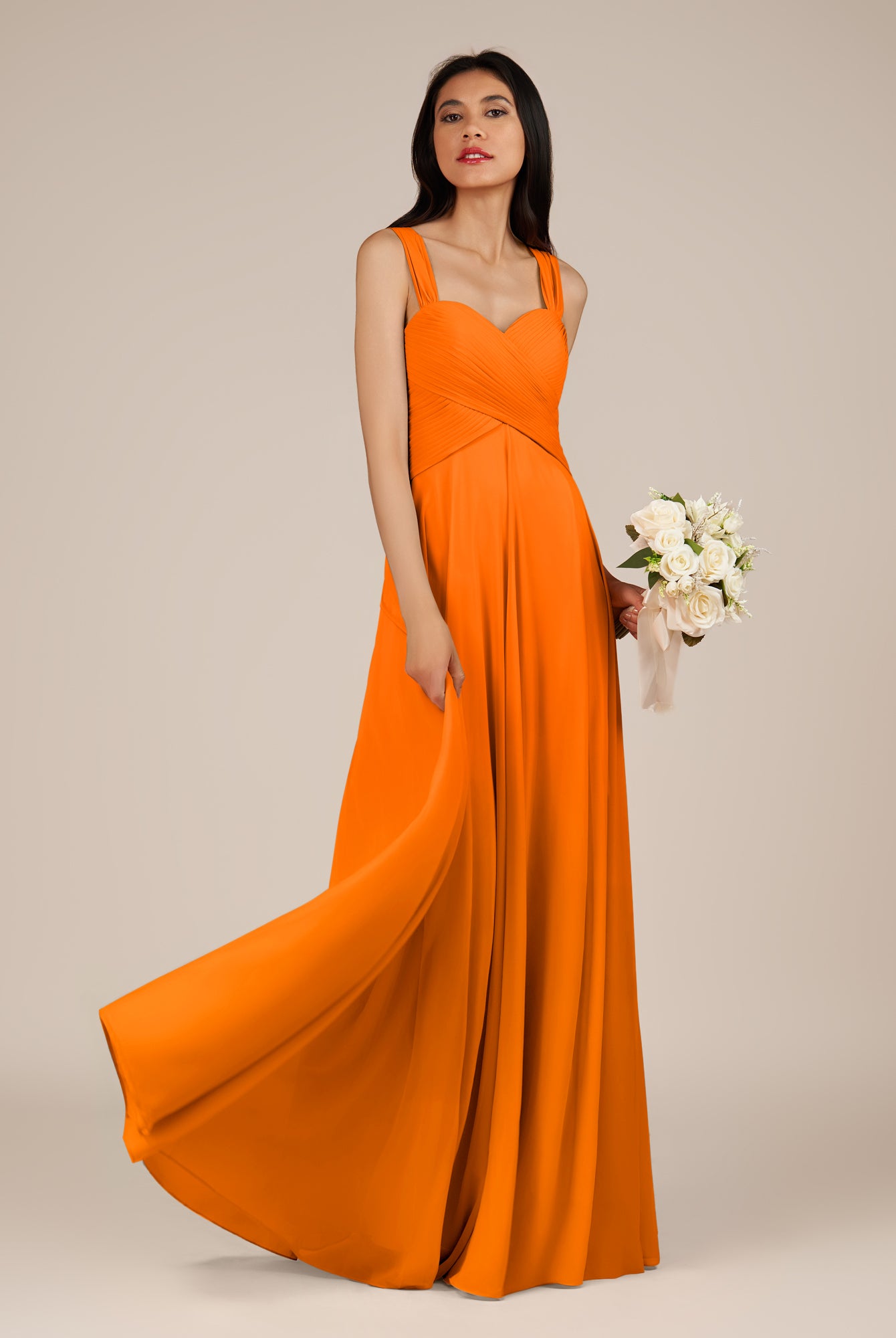 KissDress-Cerelia Cinnamon A Line V Neck Chiffon Long Bridesmaid Dress with Pleats