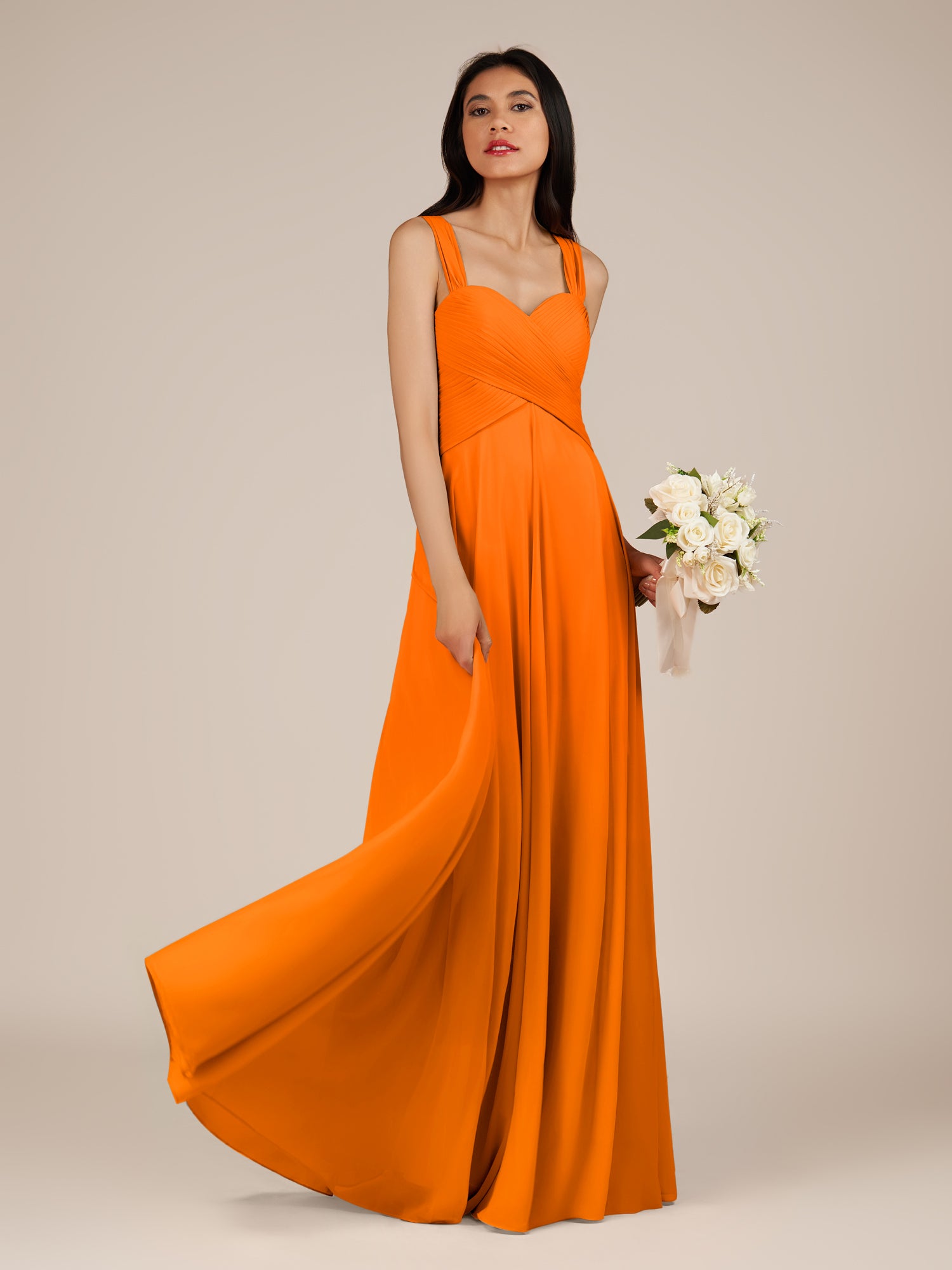 KissDress-Cerelia Cinnamon A Line V Neck Chiffon Long Bridesmaid Dress with Pleats