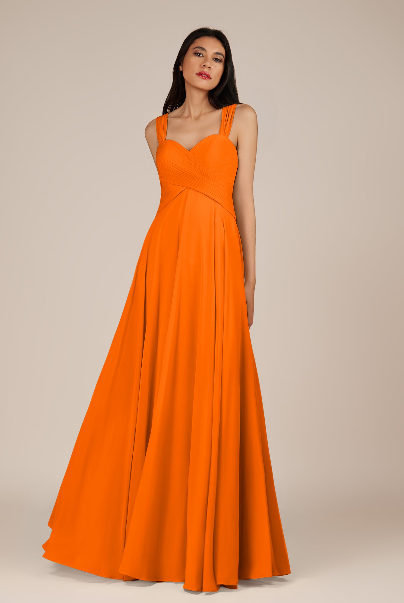 KissDress-Cerelia Cinnamon A Line V Neck Chiffon Long Bridesmaid Dress with Pleats