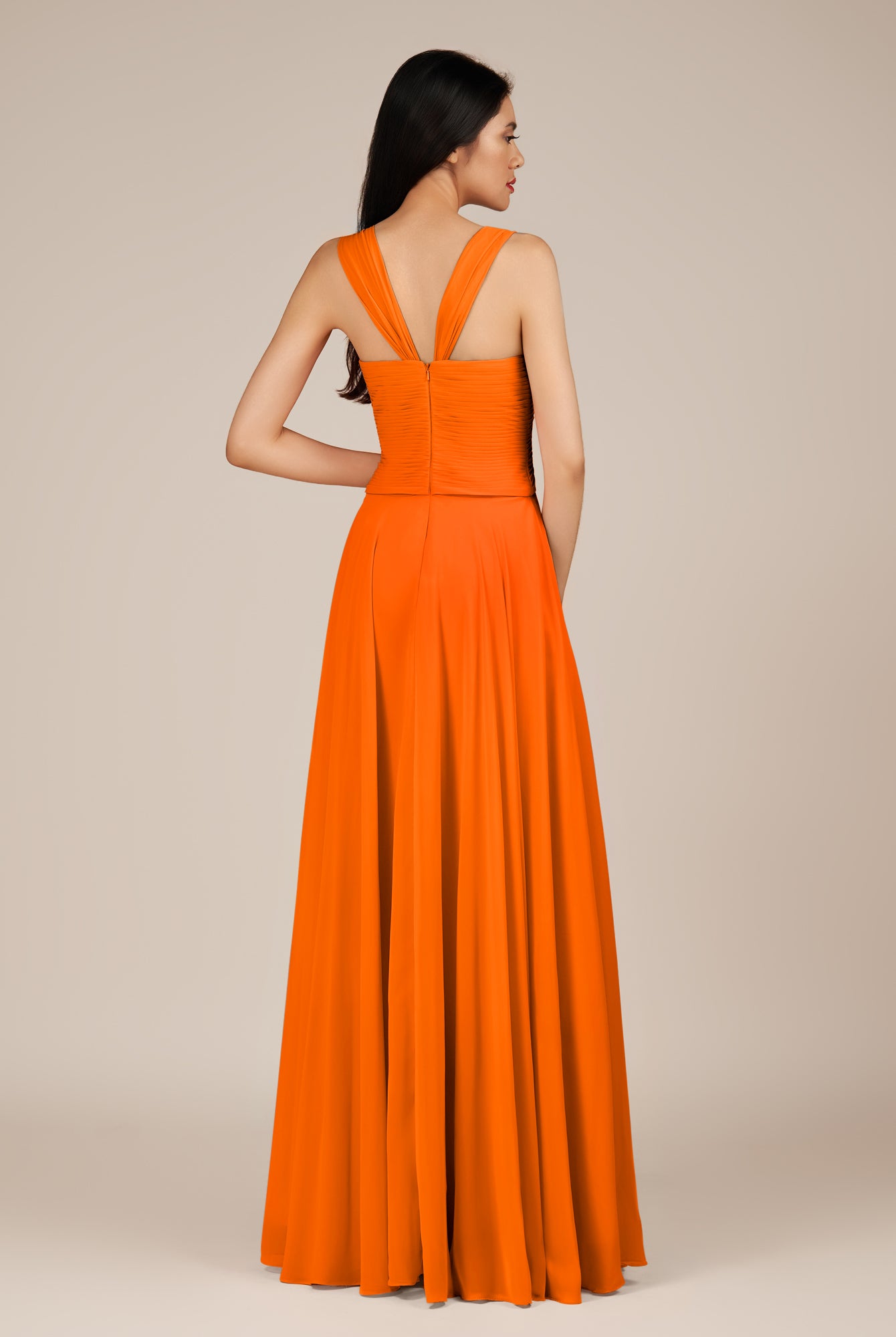 KissDress-Cerelia Cinnamon A Line V Neck Chiffon Long Bridesmaid Dress with Pleats