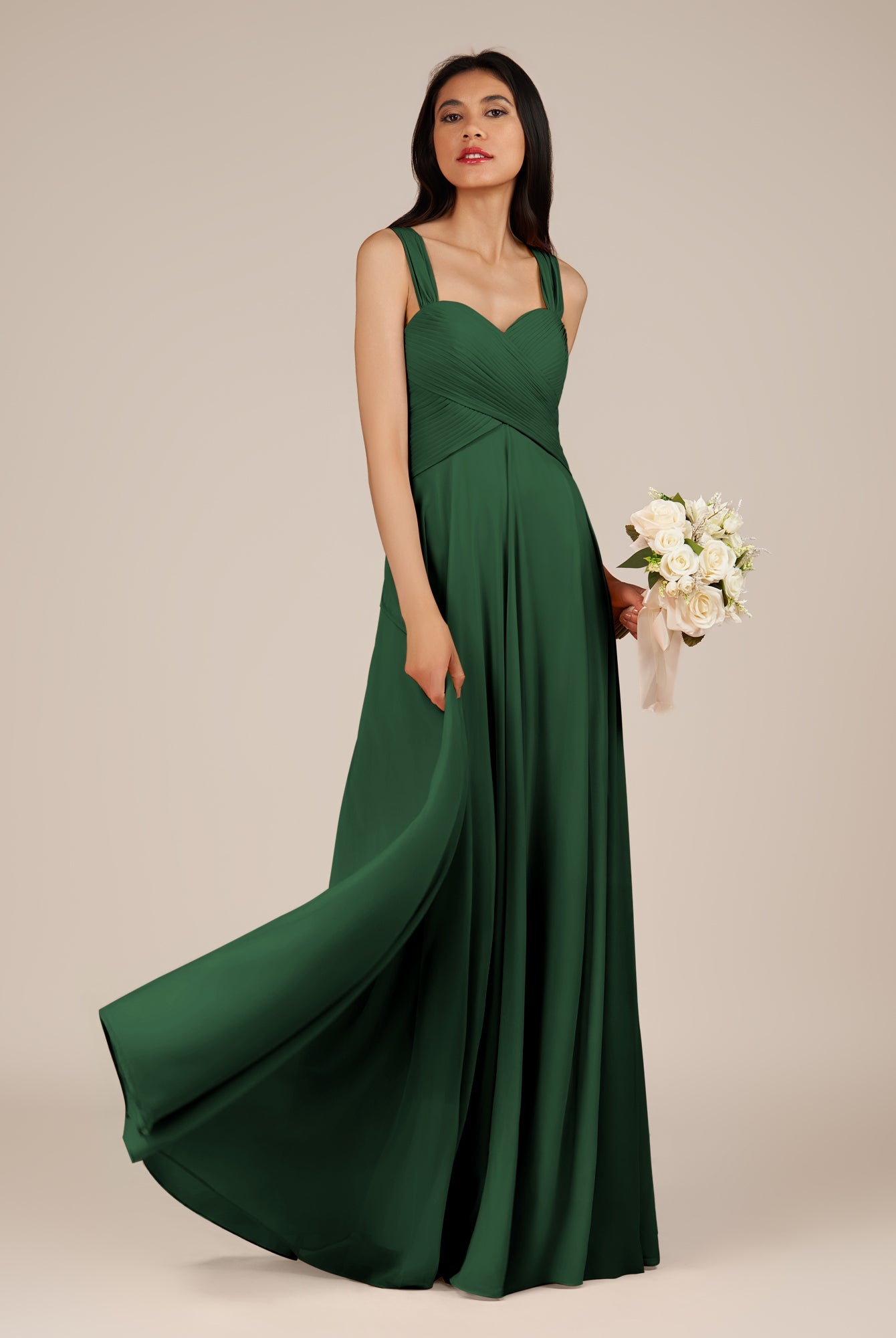 KissDress-Cerelia Dark Green A Line V Neck Chiffon Long Bridesmaid Dress with Pleats