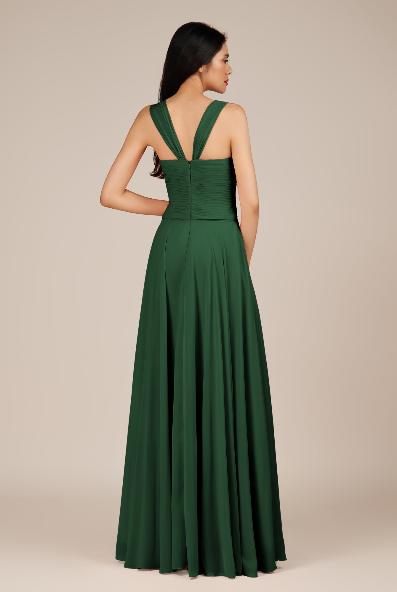 KissDress-Cerelia Dark Green A Line V Neck Chiffon Long Bridesmaid Dress with Pleats
