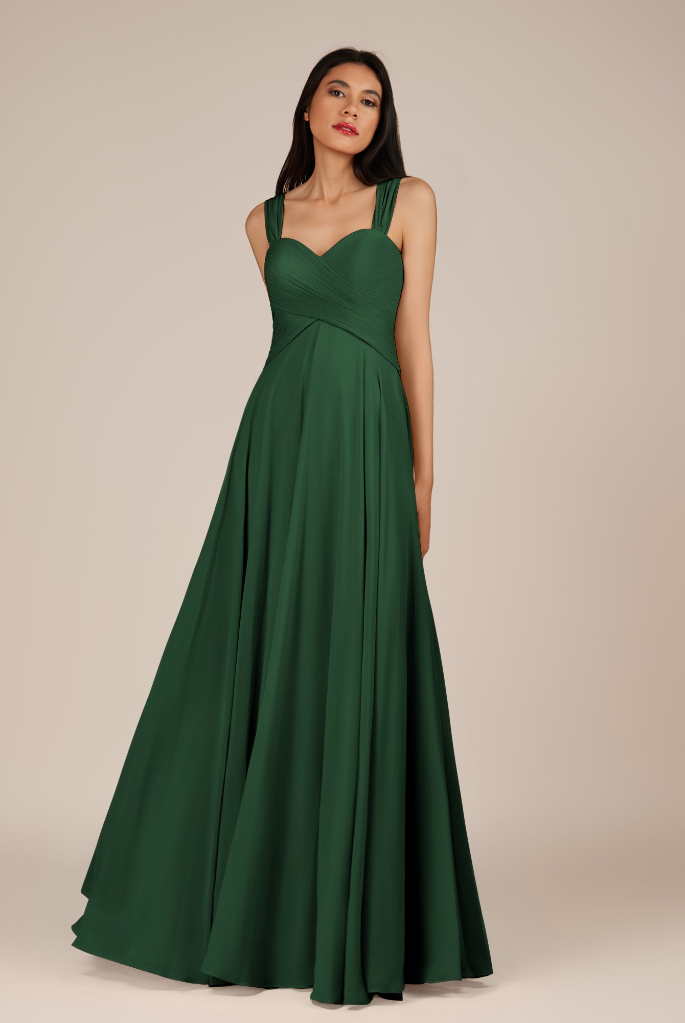 KissDress-Cerelia Dark Green A Line V Neck Chiffon Long Bridesmaid Dress with Pleats