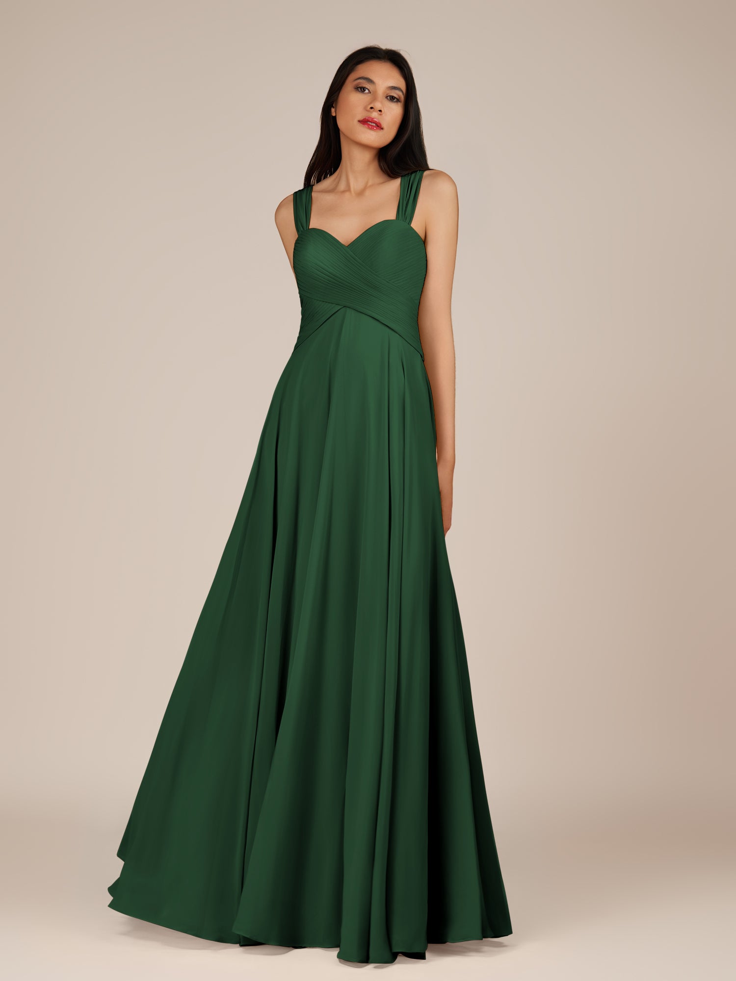 KissDress-Cerelia Dark Green A Line V Neck Chiffon Long Bridesmaid Dress with Pleats