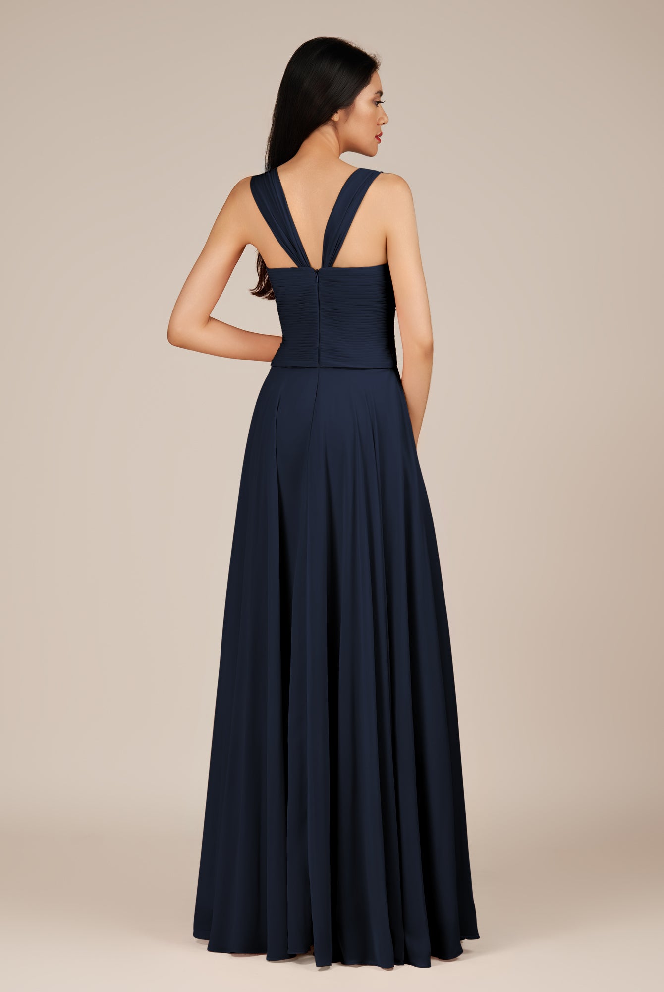 KissDress-Cerelia Dark Navy A Line V Neck Chiffon Long Bridesmaid Dress with Pleats