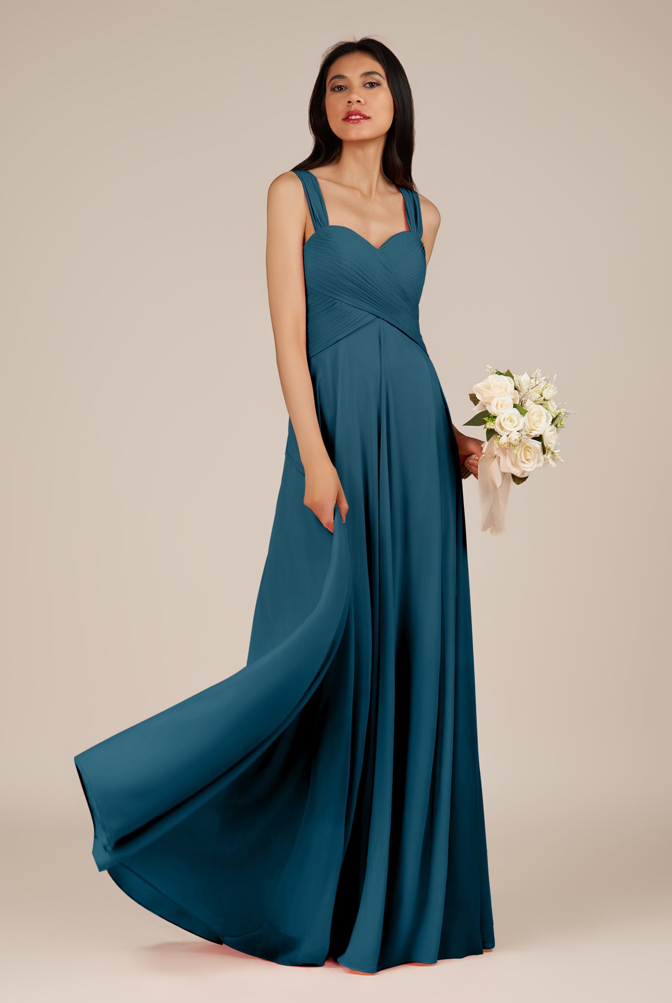 KissDress-Cerelia Dark Teal A Line V Neck Chiffon Long Bridesmaid Dress with Pleats
