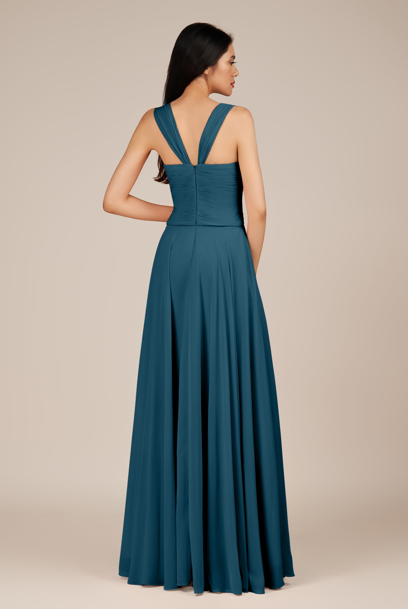 KissDress-Cerelia Dark Teal A Line V Neck Chiffon Long Bridesmaid Dress with Pleats
