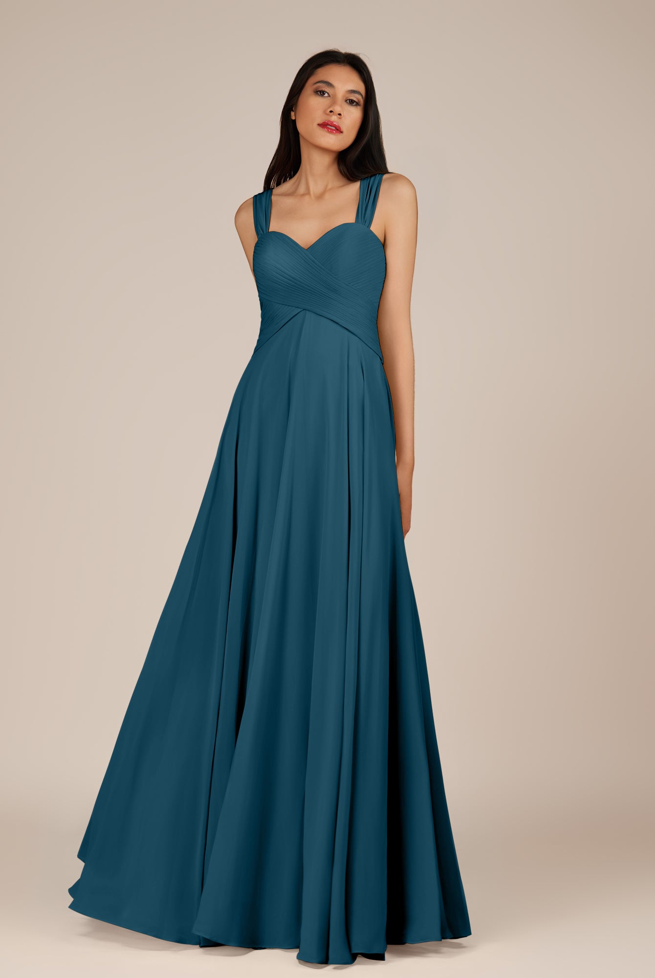 KissDress-Cerelia Dark Teal A Line V Neck Chiffon Long Bridesmaid Dress with Pleats