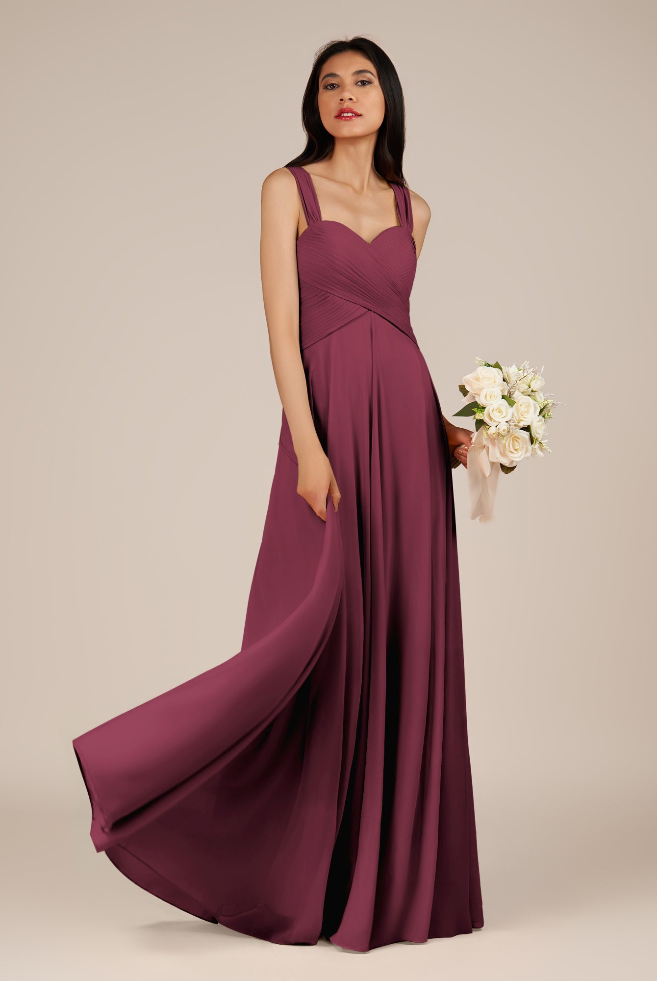 KissDress-Cerelia Desert Rose A Line V Neck Chiffon Long Bridesmaid Dress with Pleats