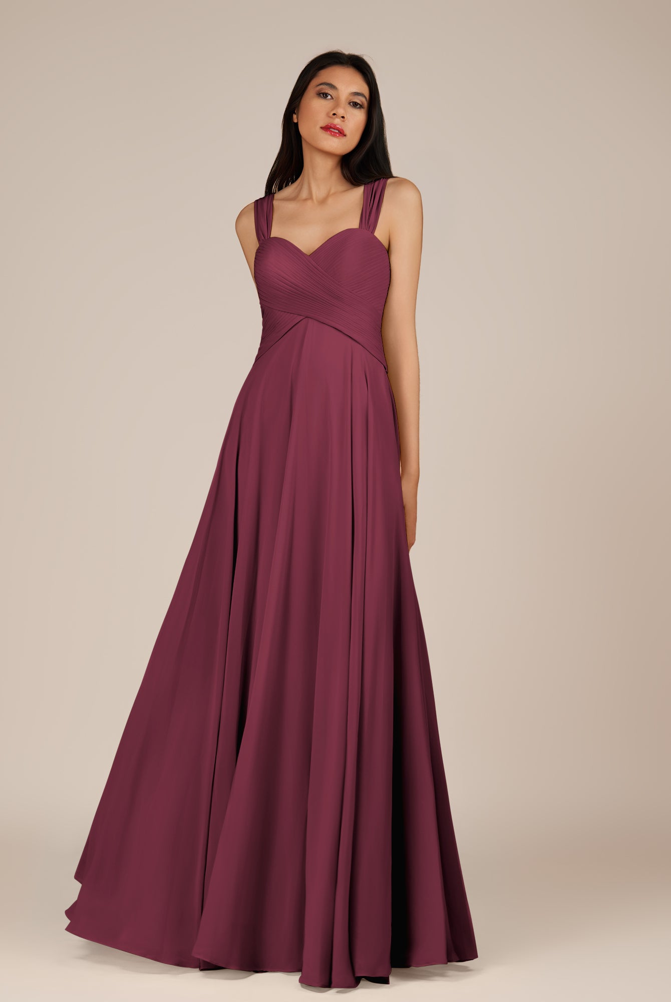 KissDress-Cerelia Desert Rose A Line V Neck Chiffon Long Bridesmaid Dress with Pleats