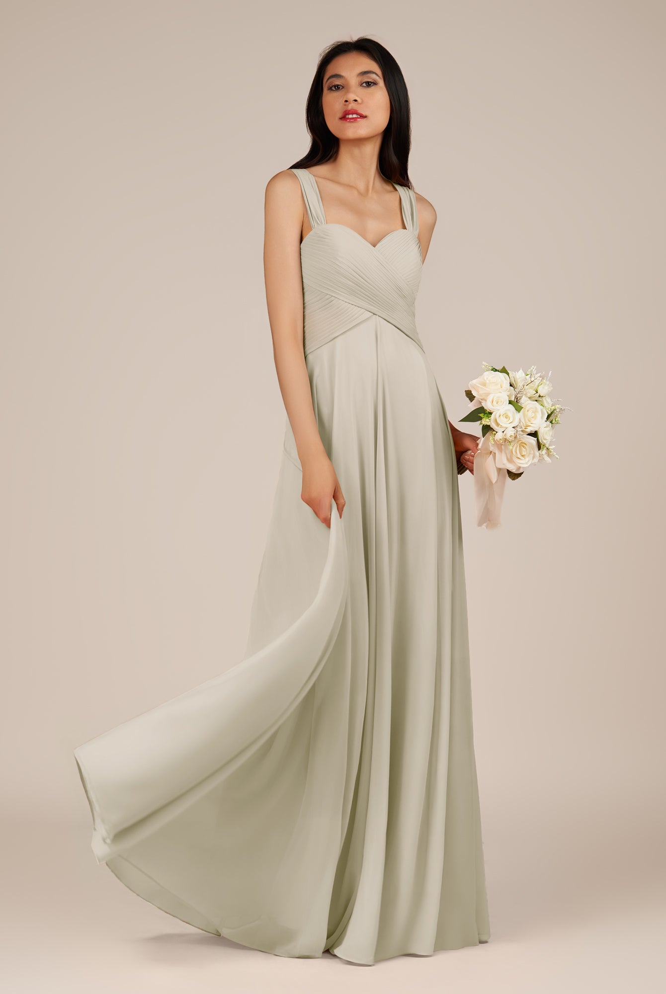 KissDress-Cerelia Dove Gray A Line V Neck Chiffon Long Bridesmaid Dress with Pleats