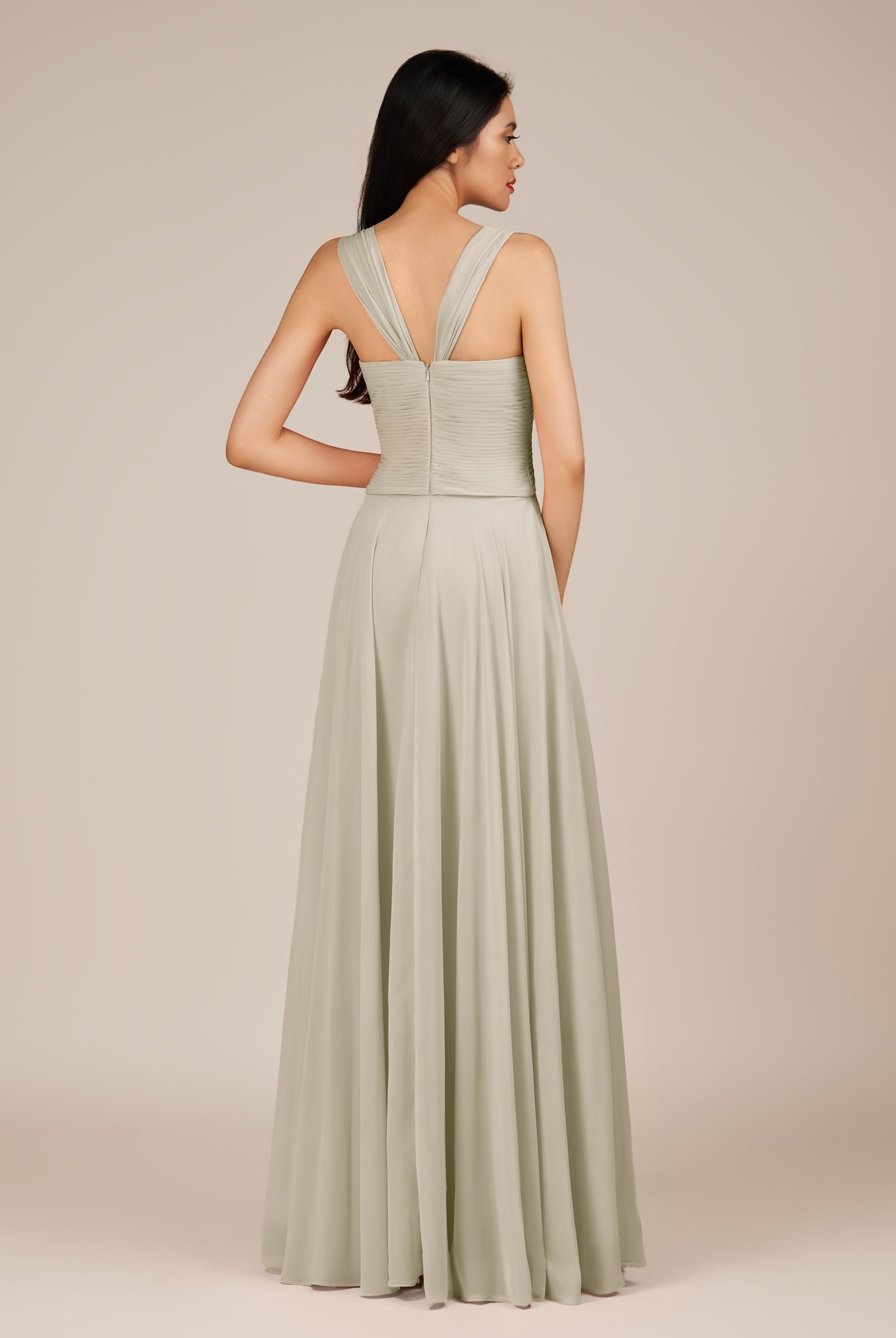 KissDress-Cerelia Dove Gray A Line V Neck Chiffon Long Bridesmaid Dress with Pleats