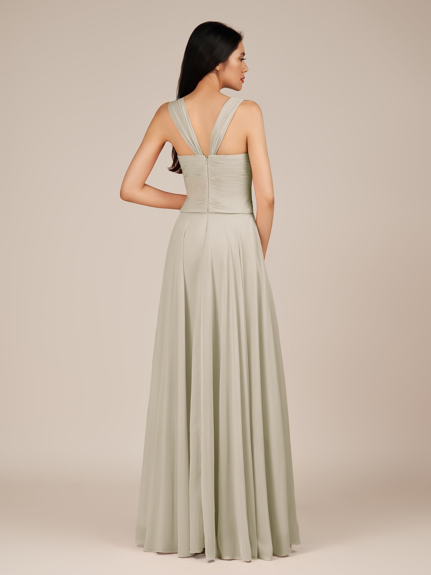 KissDress-Cerelia Dove Gray A Line V Neck Chiffon Long Bridesmaid Dress with Pleats