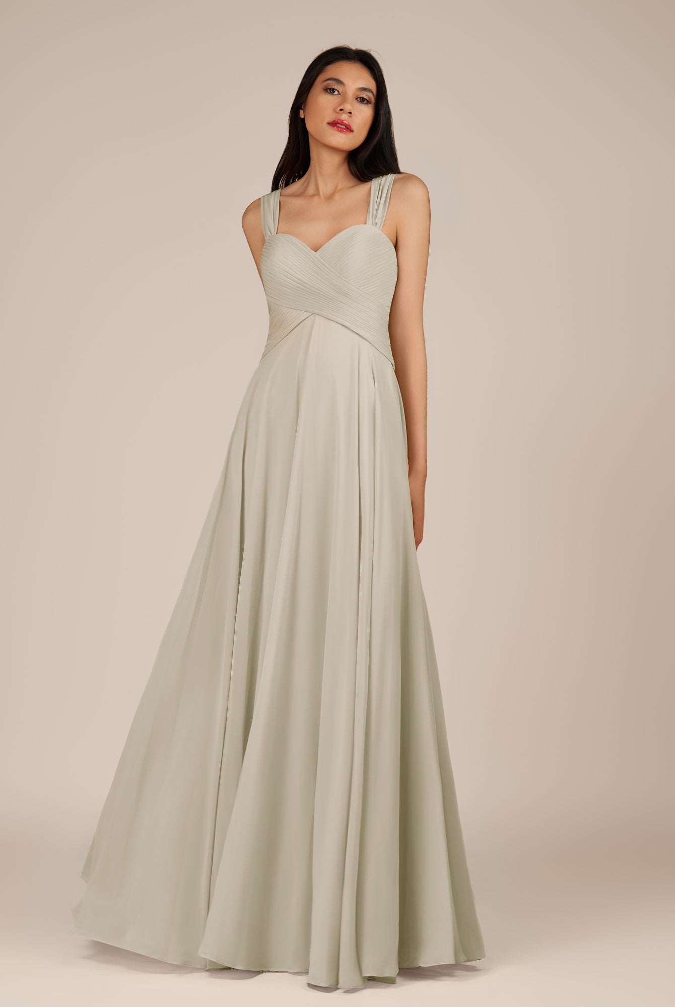 KissDress-Cerelia Dove Gray A Line V Neck Chiffon Long Bridesmaid Dress with Pleats