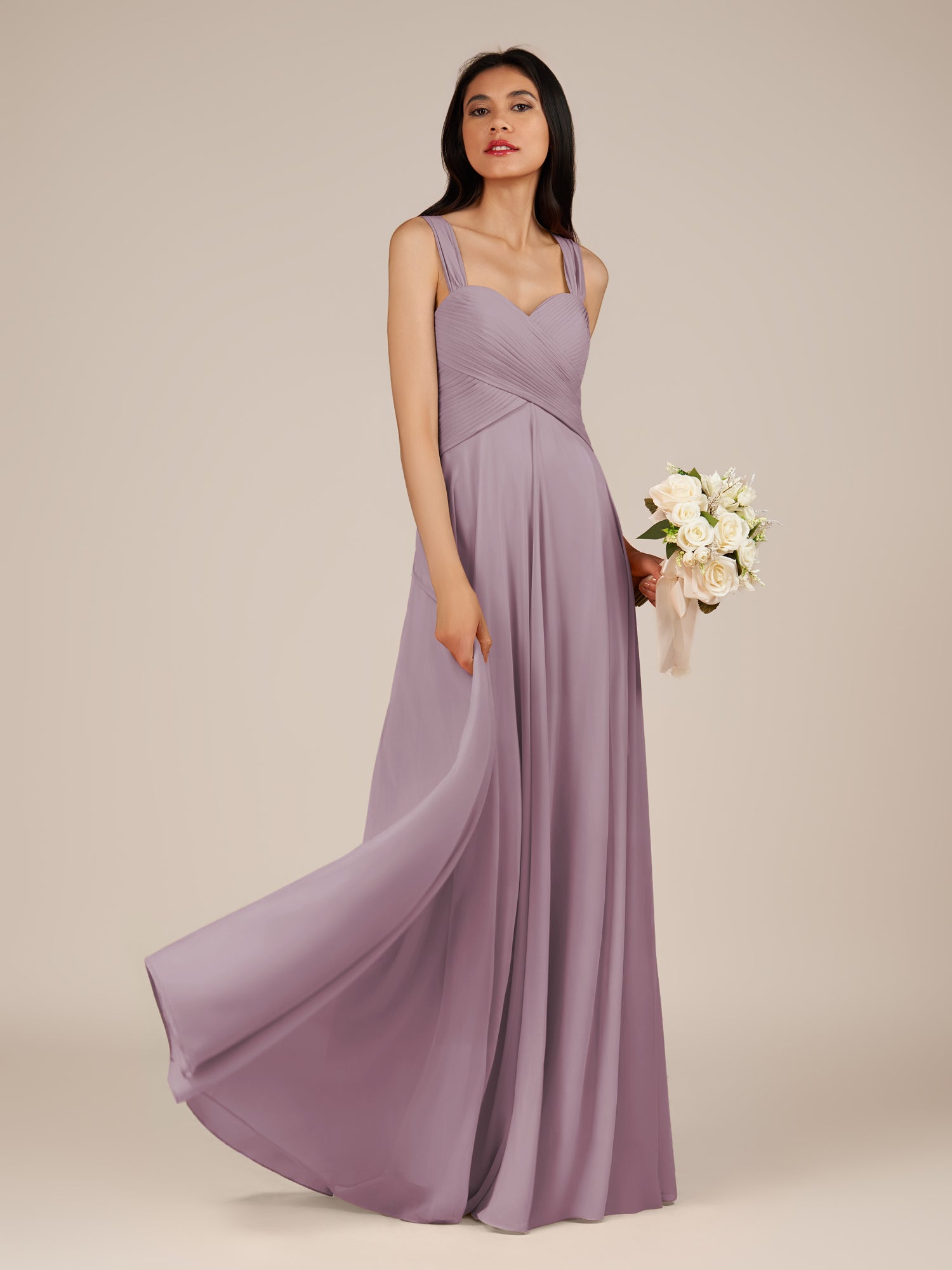 KissDress-Cerelia Dusk A Line V Neck Chiffon Long Bridesmaid Dress with Pleats