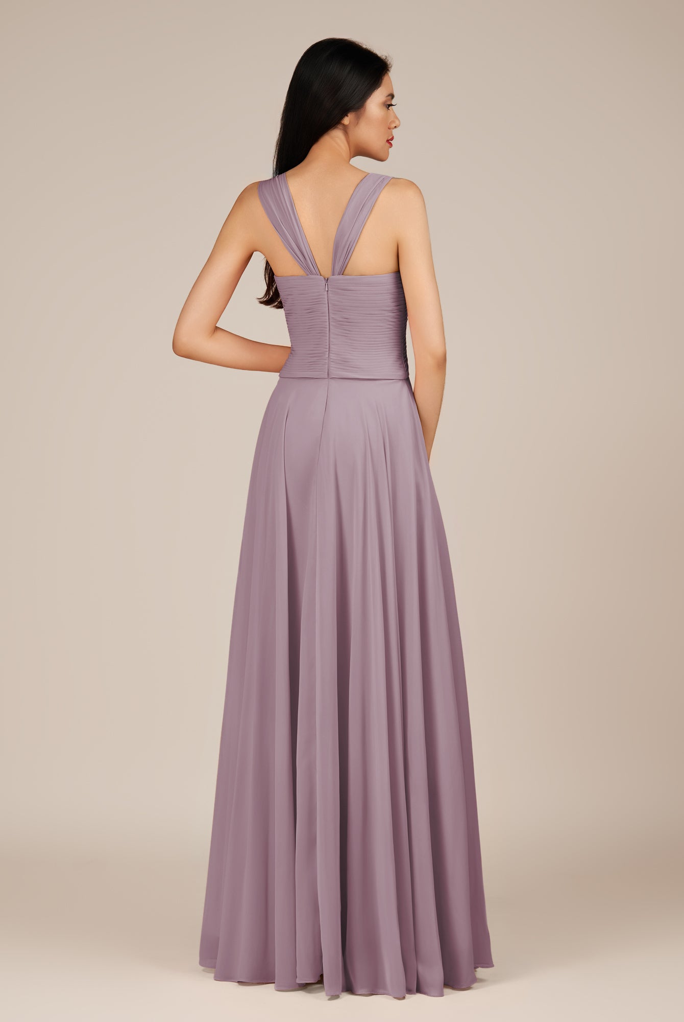 KissDress-Cerelia Dusk A Line V Neck Chiffon Long Bridesmaid Dress with Pleats