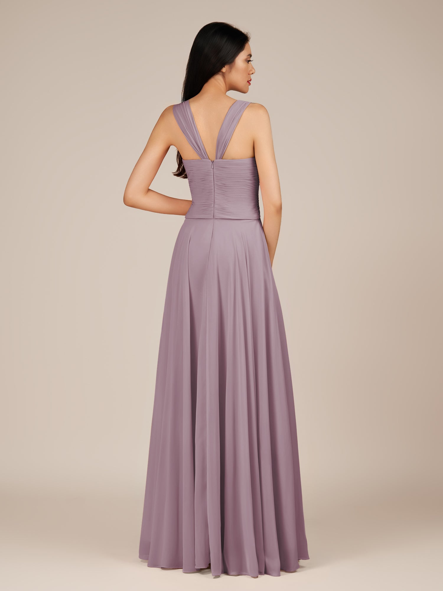 KissDress-Cerelia Dusk A Line V Neck Chiffon Long Bridesmaid Dress with Pleats