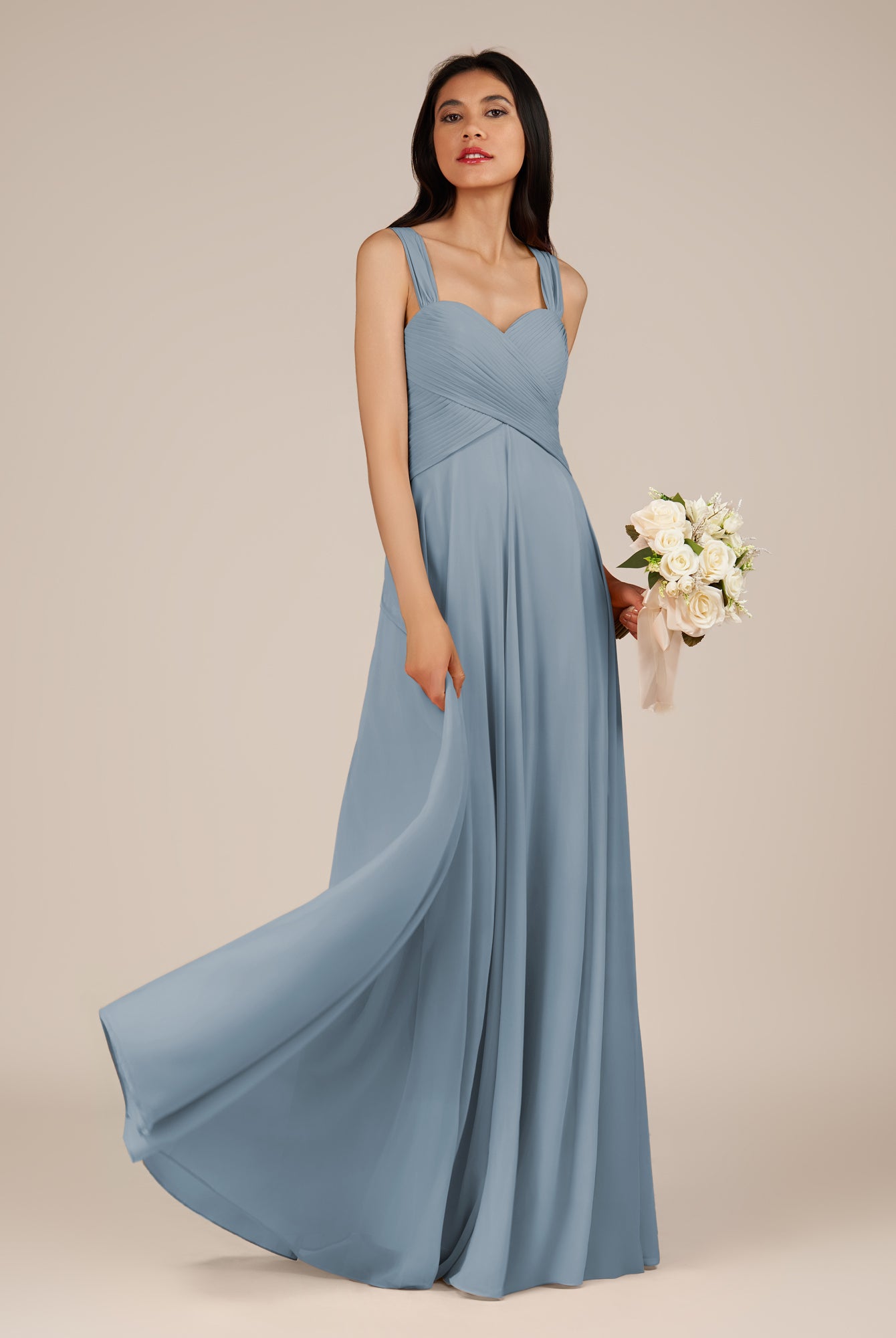 KissDress-Cerelia Dusty Blue A Line V Neck Chiffon Long Bridesmaid Dress with Pleats